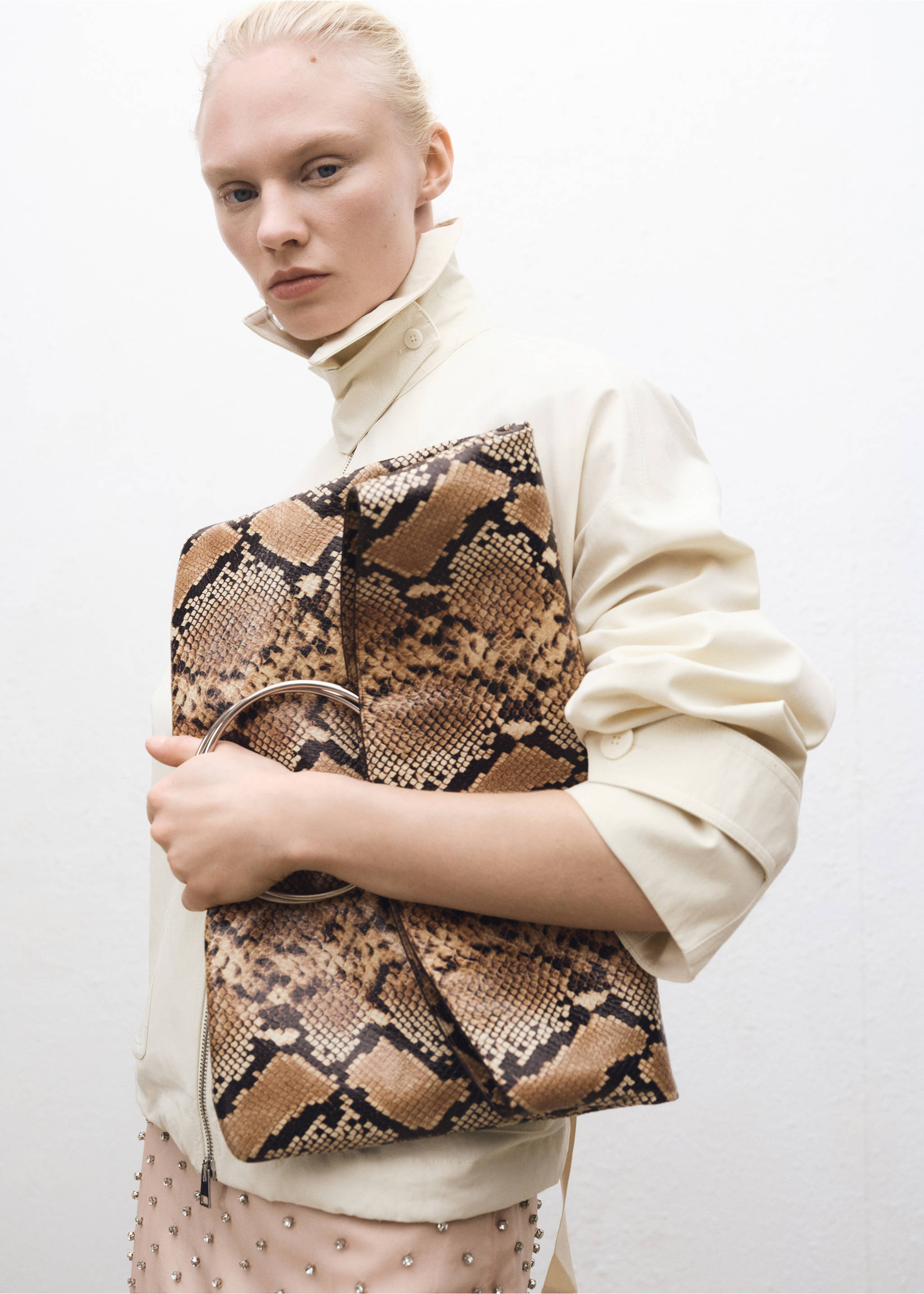 Animal-print leather bag with metal handle - General plane, Beige. Ref: 87094427-00.