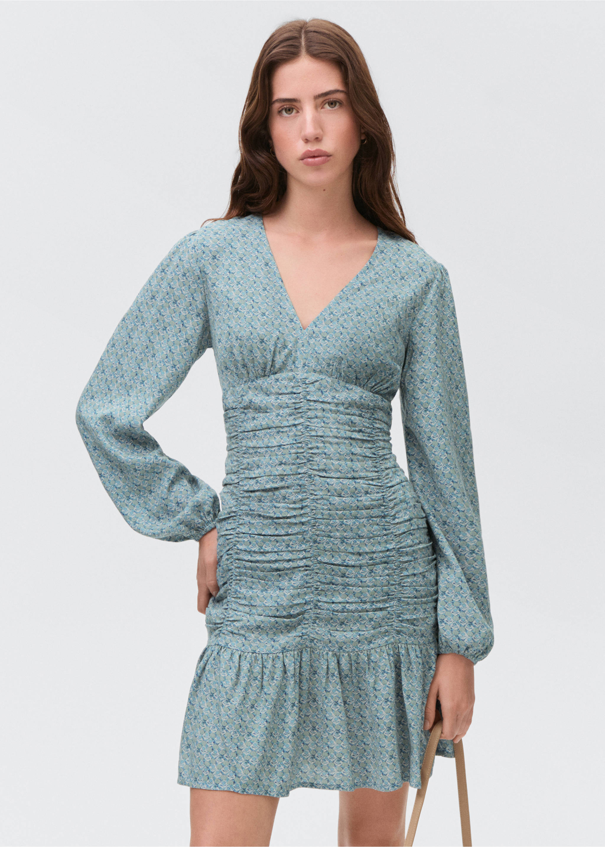 Printed dress with draped detail - Medium plane, Petrol Blue. Ref: 87094792-00.