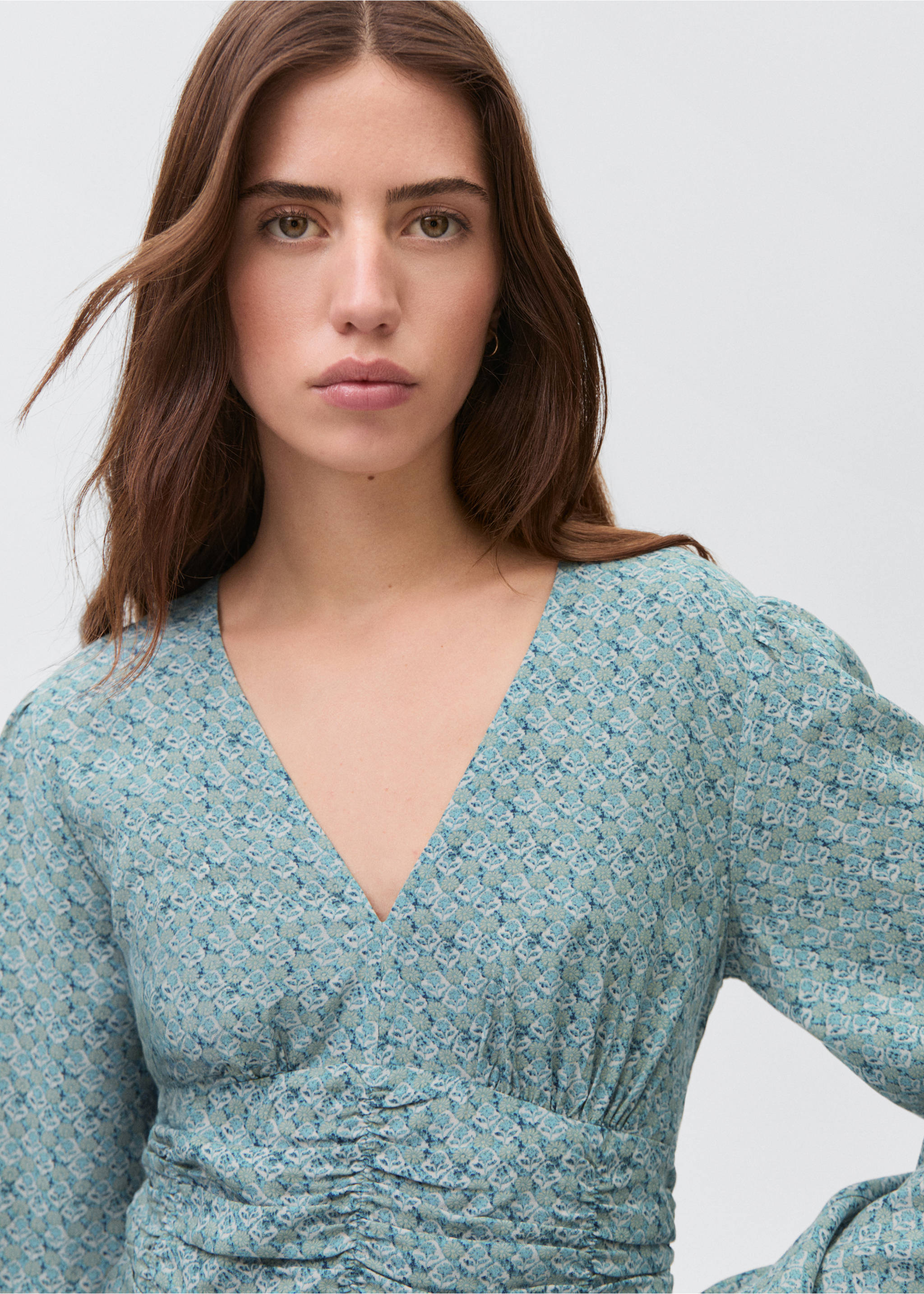 Printed dress with draped detail - Details of the article 1, Petrol Blue. Ref: 87094792-00.