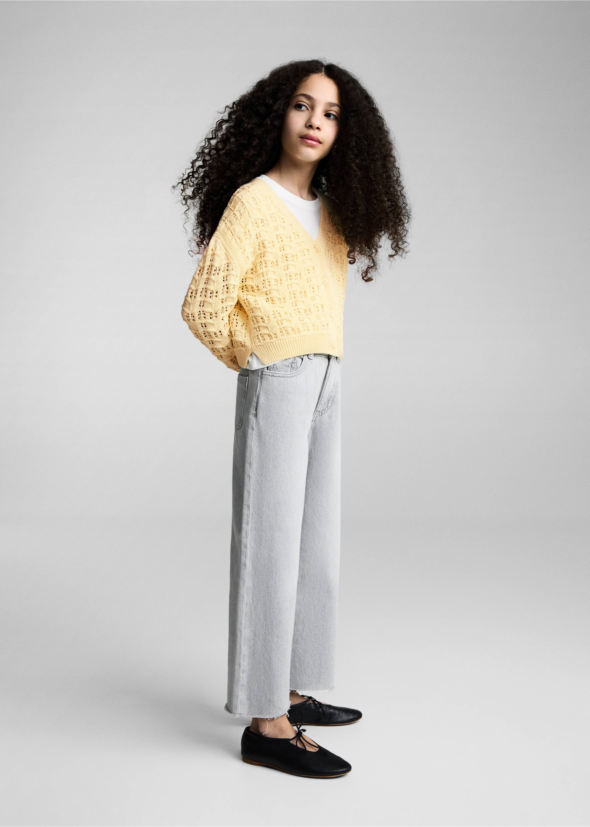 Openwork knit cardigan - General plane, Pastel Yellow. Ref: 87094804-00.