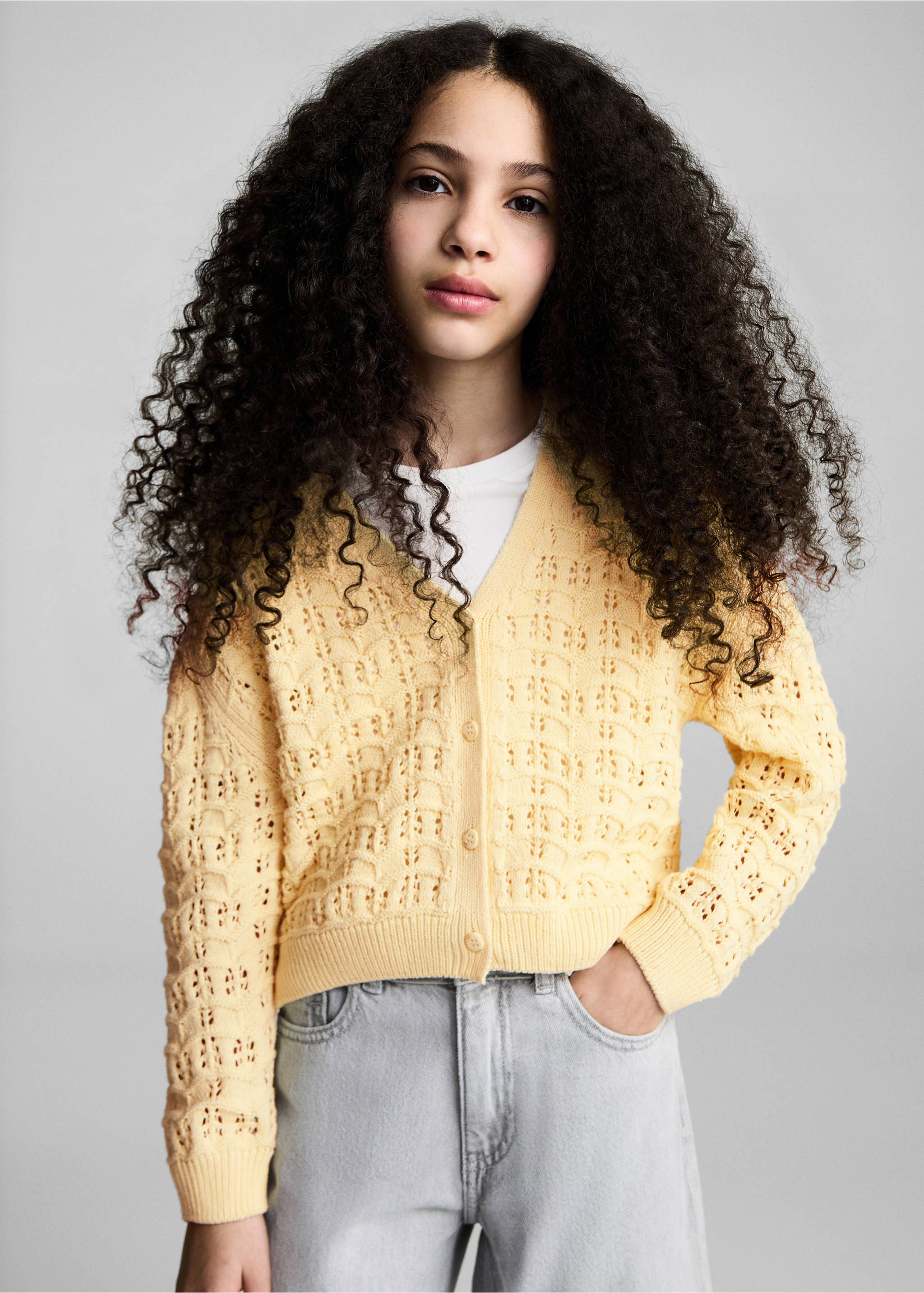 Openwork knit cardigan - Medium plane, Pastel Yellow. Ref: 87094804-00.