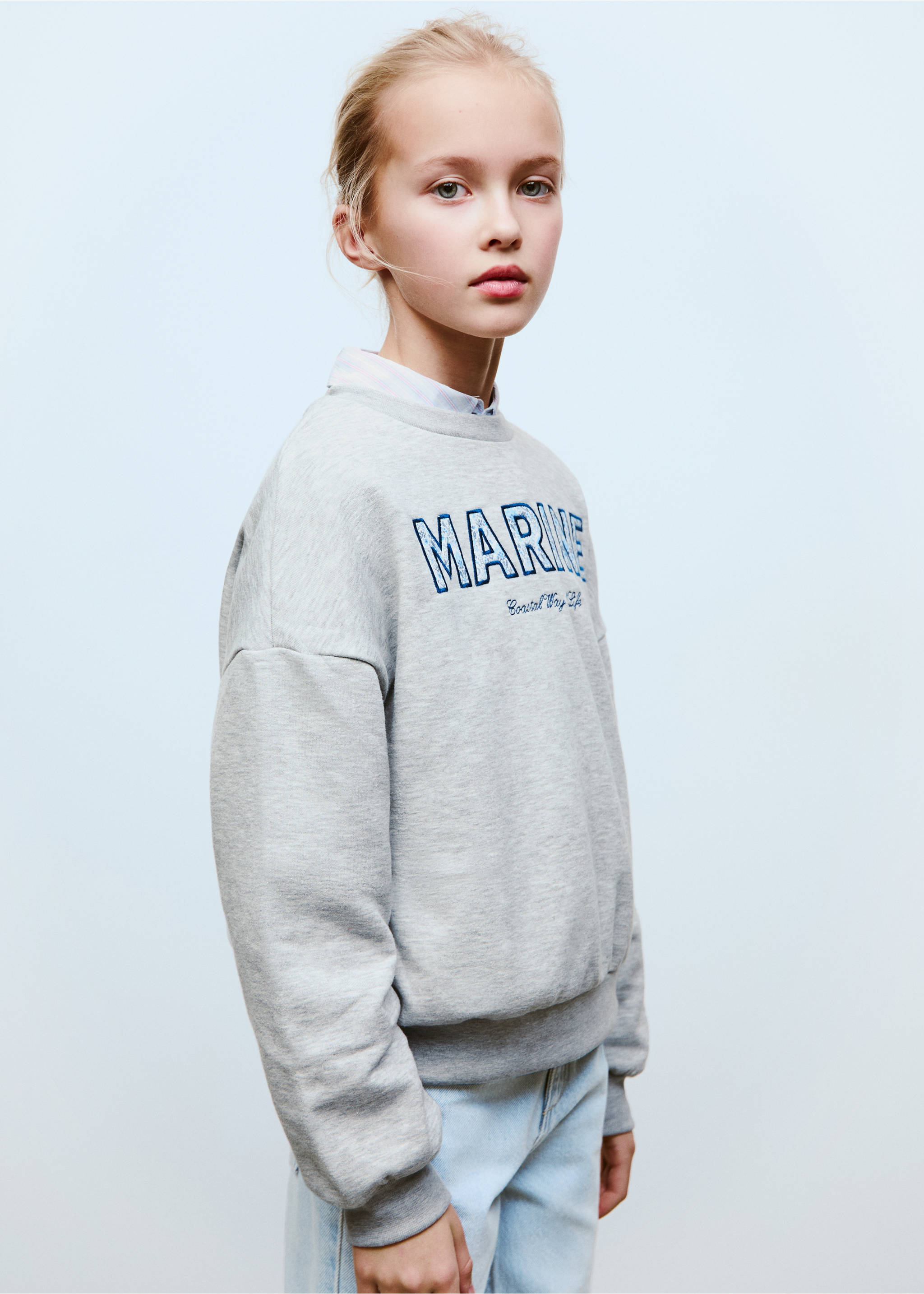 Cotton sweatshirt with embroidered message - Medium plane, Light Heather Grey. Ref: 87094805-00.