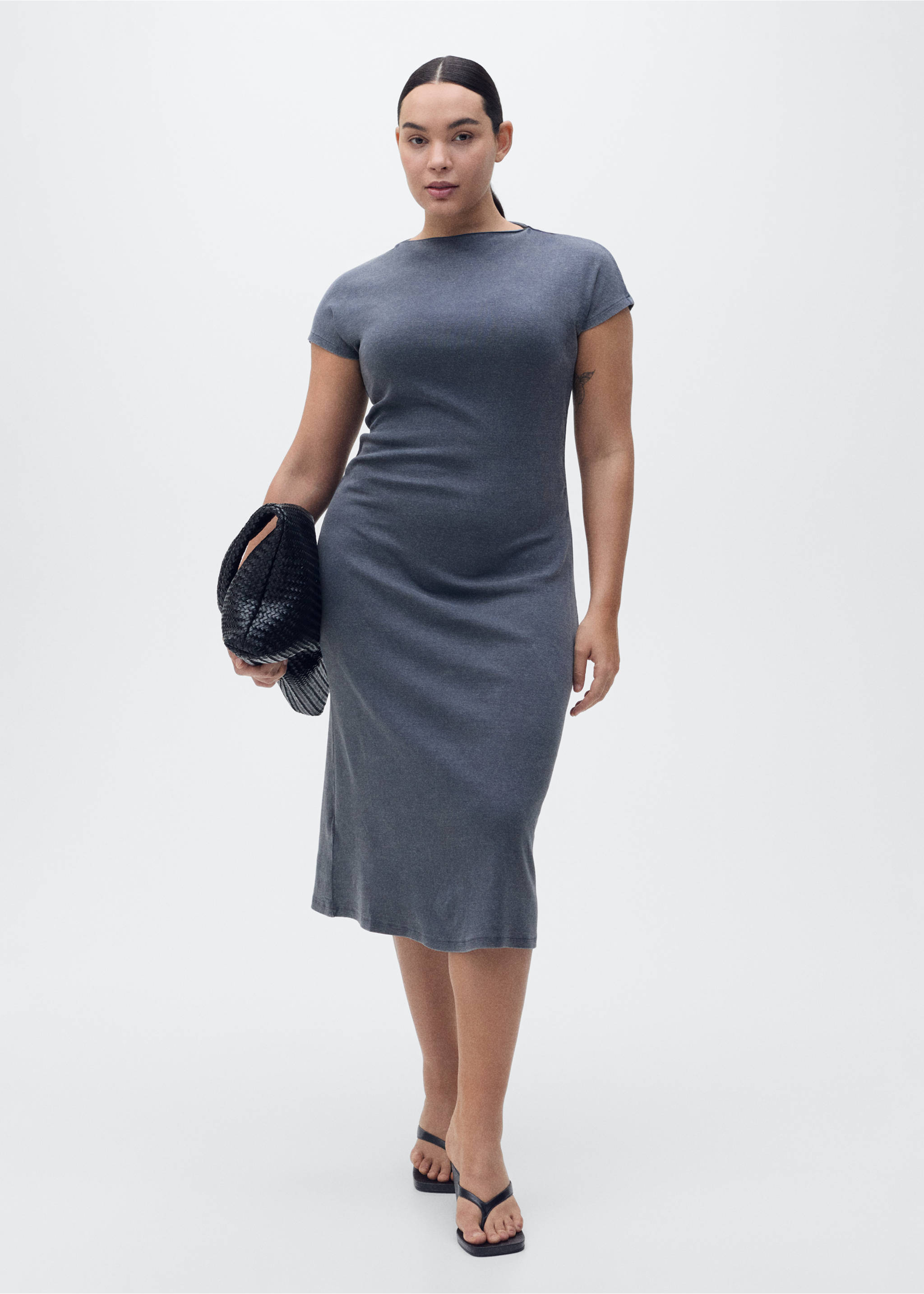 Midi-dress with draped detail - Details of the article 3, Grey. Ref: 87095741-00.