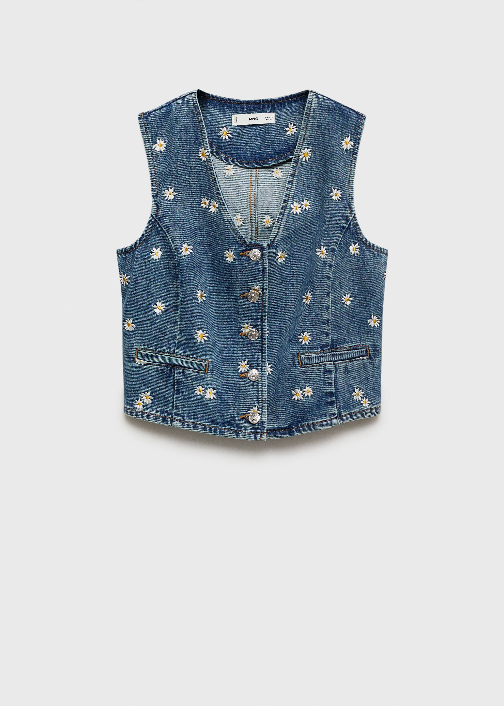 Bestickte Blumen-Crop-Weste - Artikel ohne Model, Mittelblau. Ref: 87095744-00.