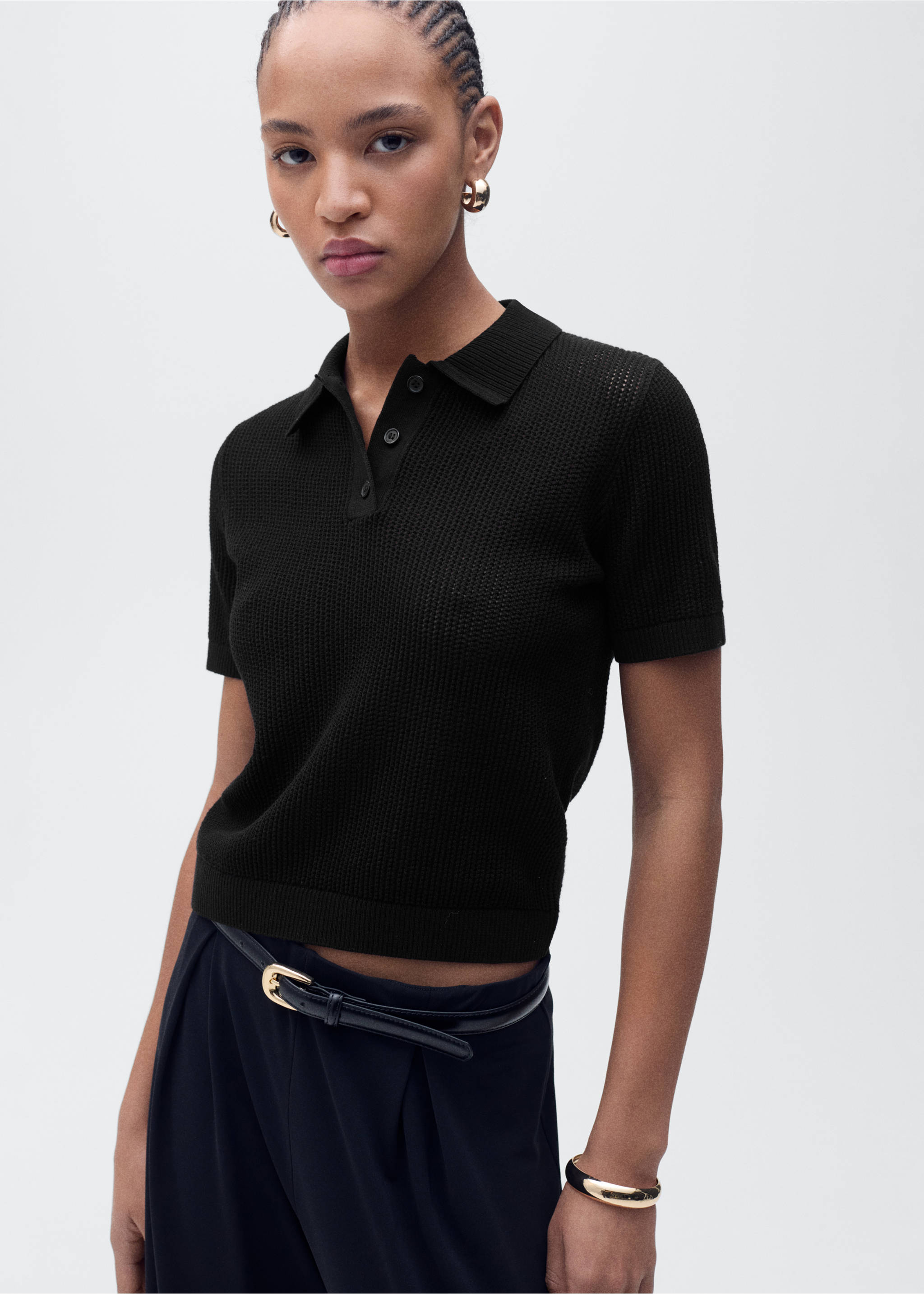 Openwork knitted polo-neck sweater - Medium plane, Black. Ref: 87095745-00.