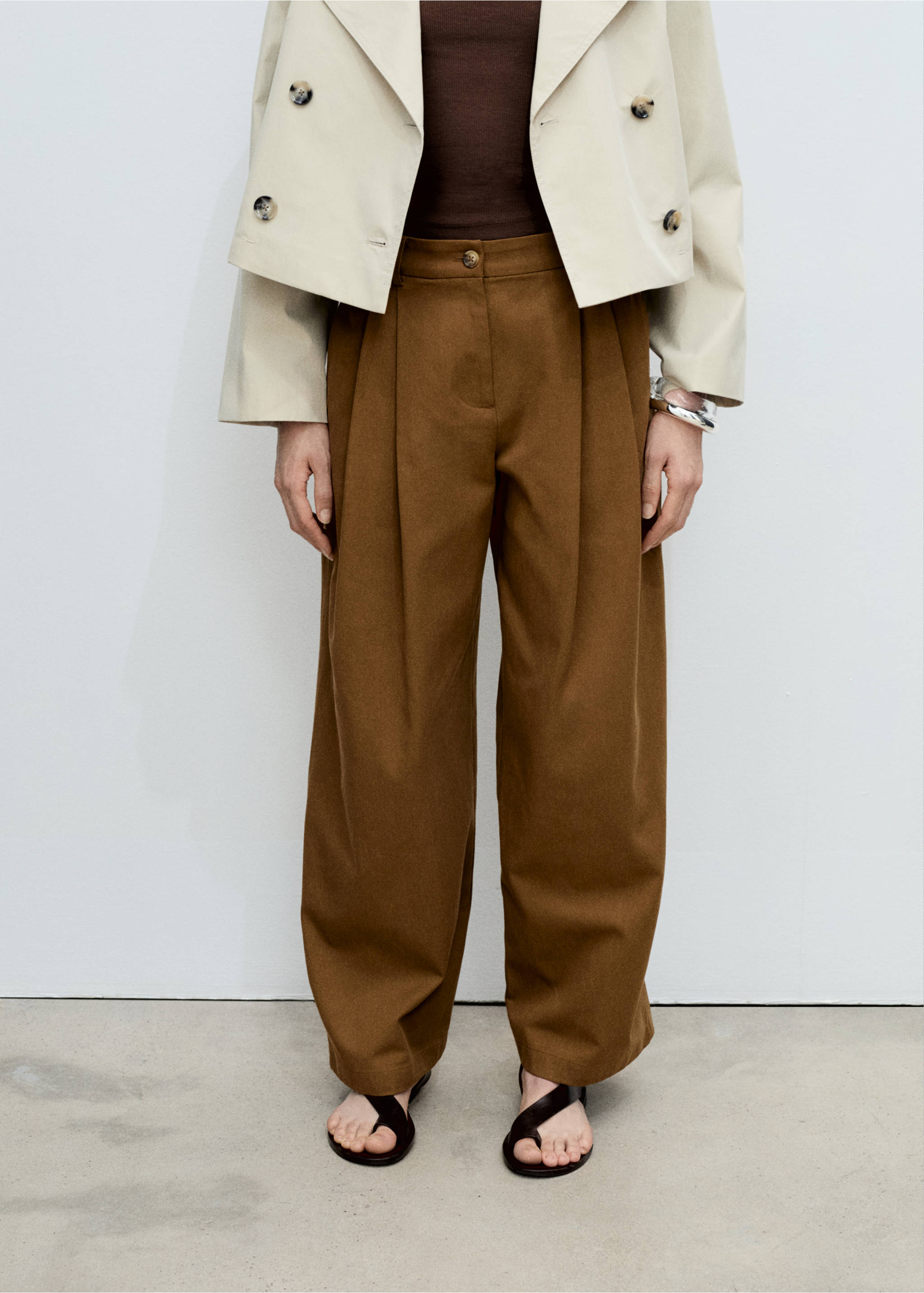 Wide leg trousers in cotton and lyocell blend - Medium plane, Tobacco Brown. Ref: 87095755-00.