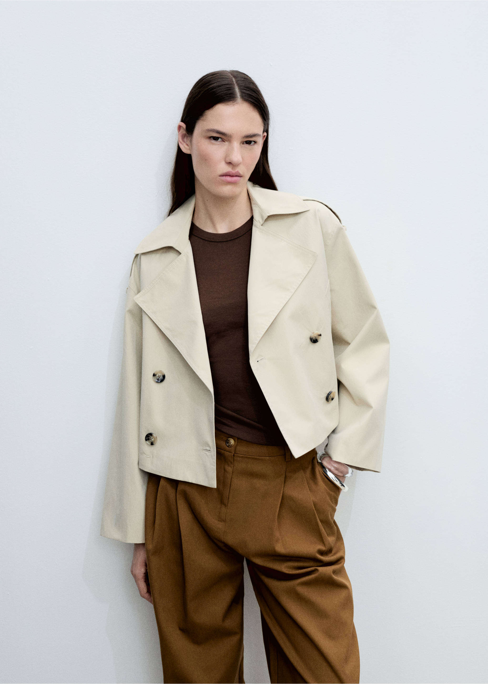 Wide leg trousers in cotton and lyocell blend - Details of the article 1, Tobacco Brown. Ref: 87095755-00.