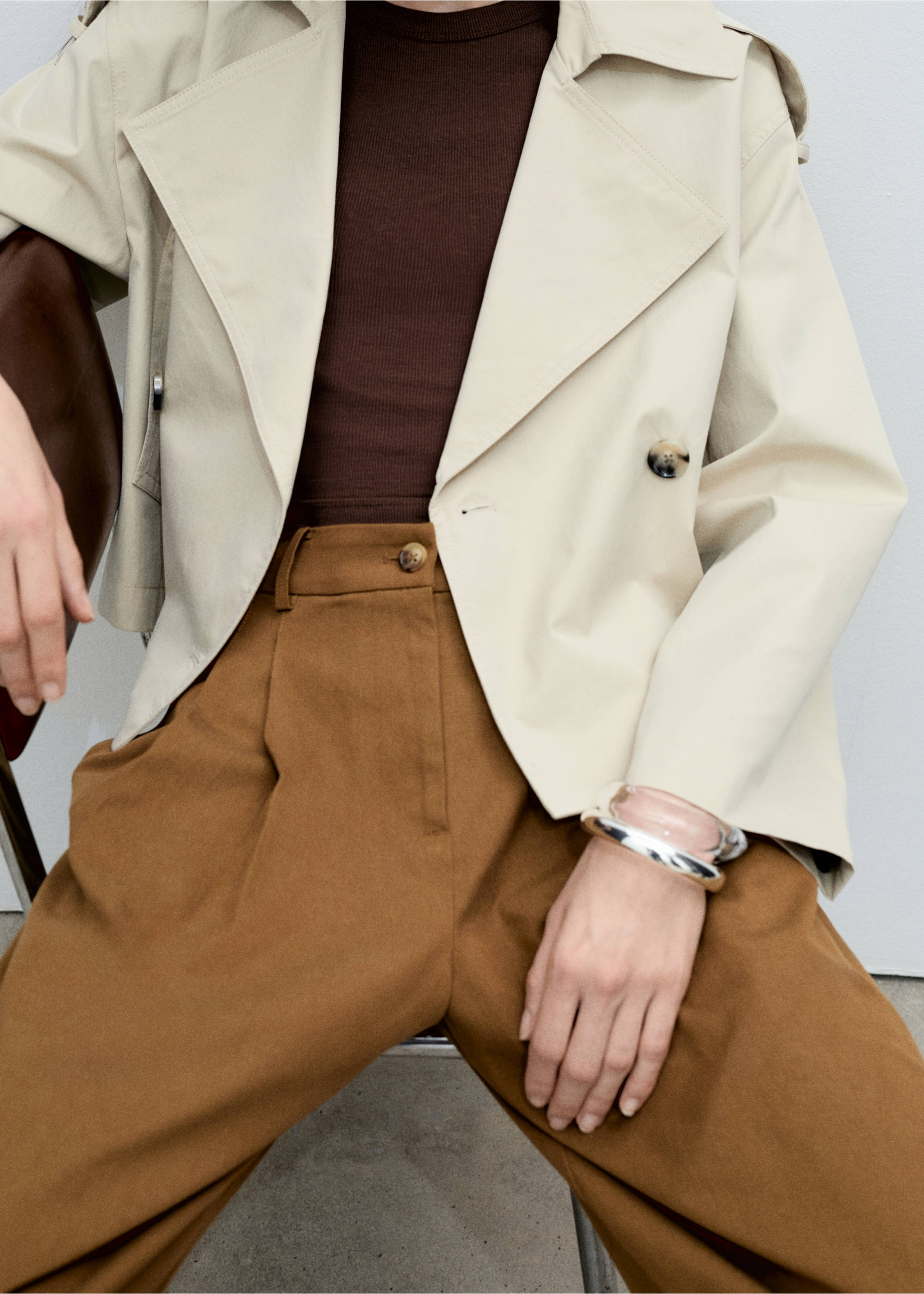 Wide leg trousers in cotton and lyocell blend - Details of the article 2, Tobacco Brown. Ref: 87095755-00.