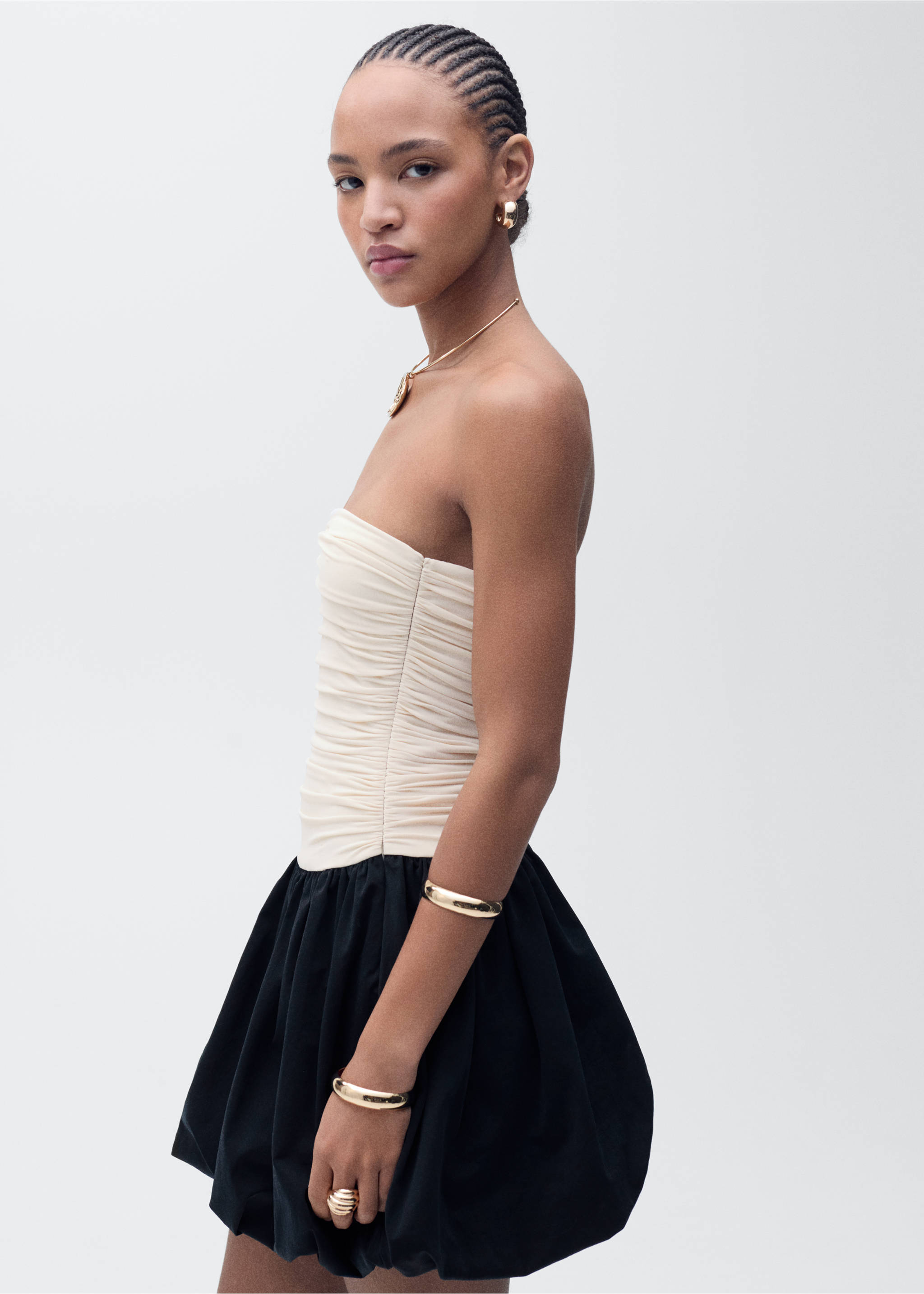 Draped-body balloon skirt dress - Medium plane, Ecru. Ref: 87095757-00.