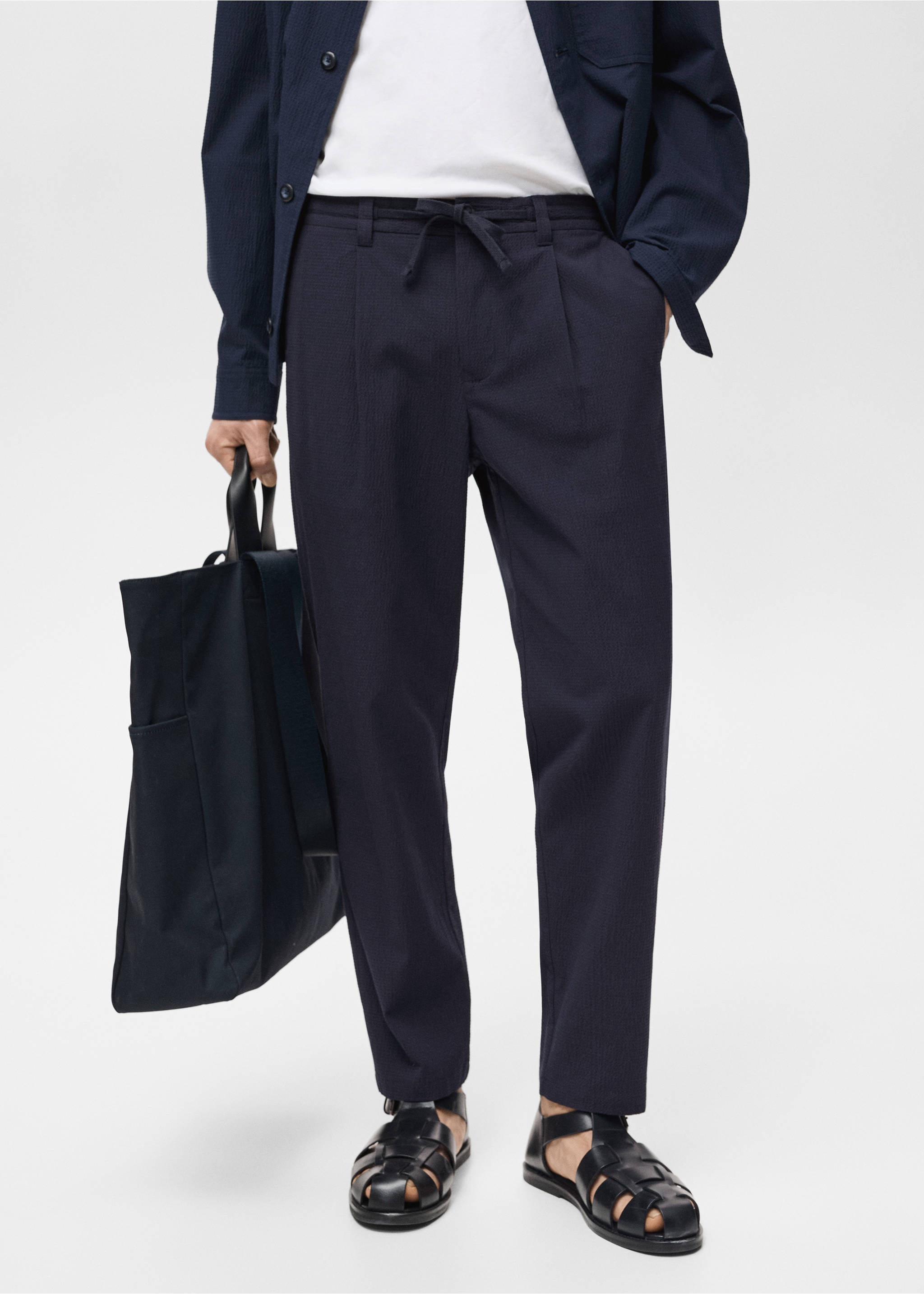 Pantaloni din bumbac seersucker - Plan mediu, Albastru nupțial. Ref: 87095916-00.