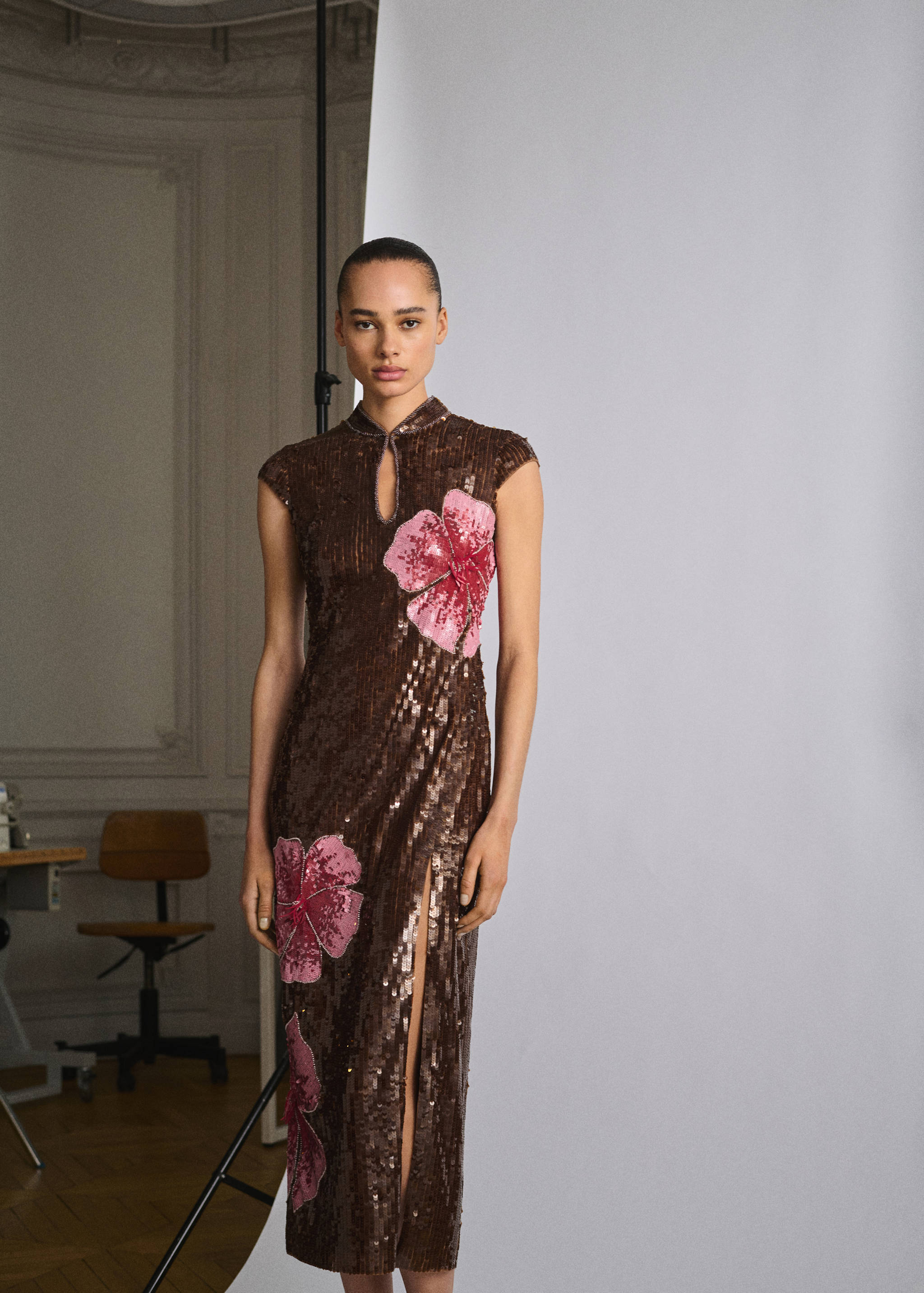 mango fashion dress Mango one-shoulder midaxi dress in brown abstract leaf print