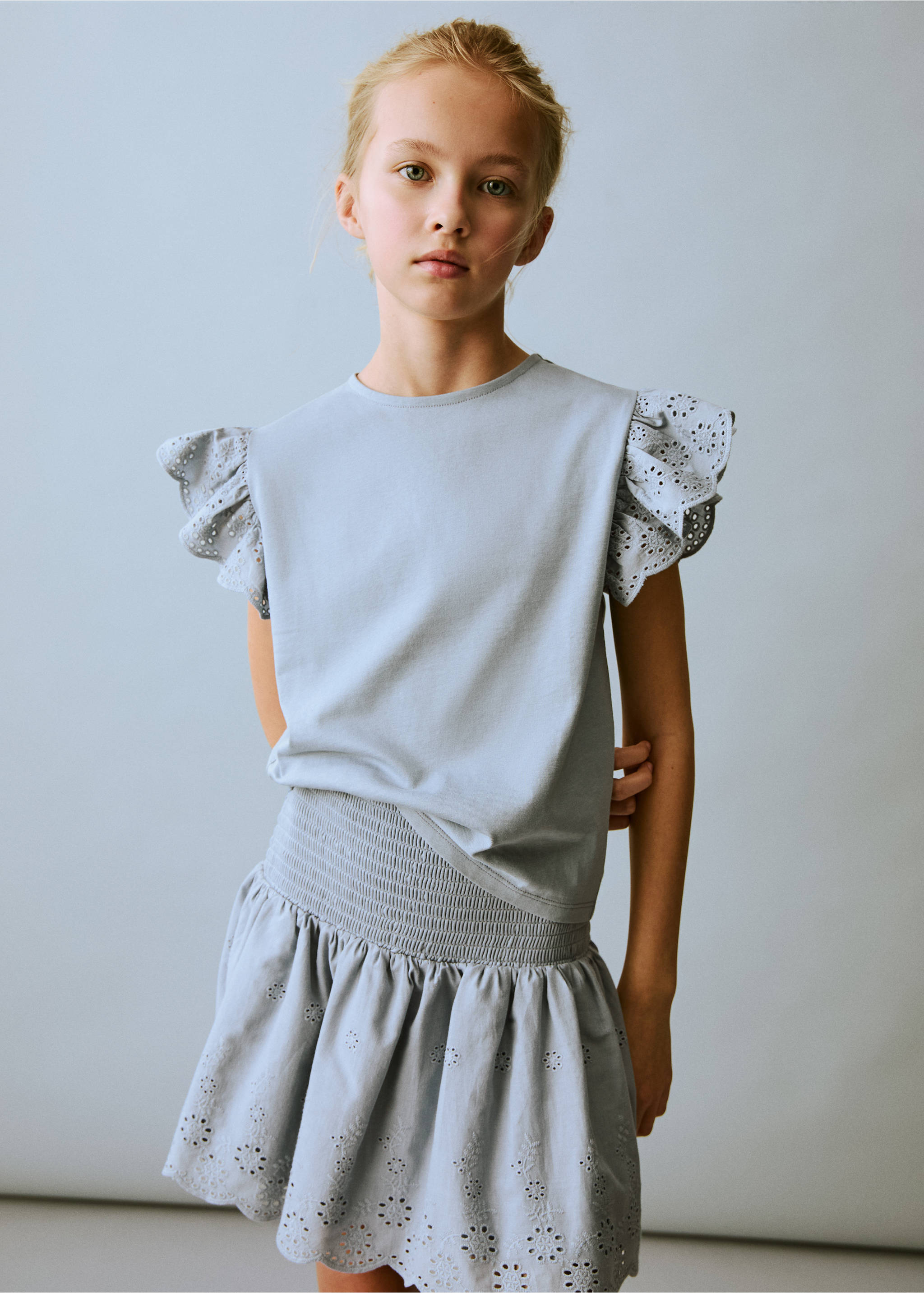 Rok met ruches en broderie anglaise - Middenvlak, Hemelsblauw. Ref: 87095945-00.