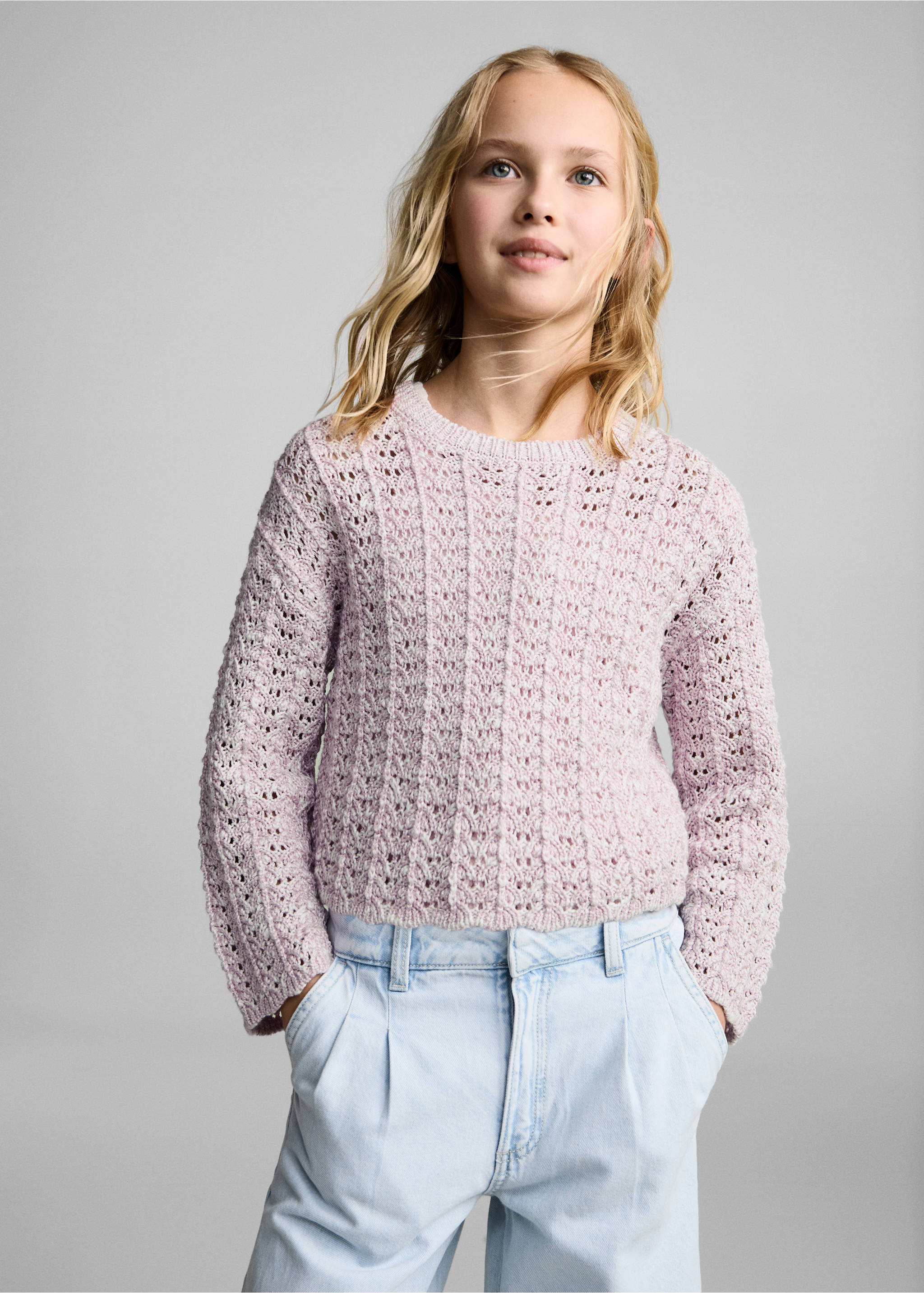Pullover mit Lochstrickmuster - Mittlere Ansicht, Helllila/Pastelllila. Ref: 87095979-00.