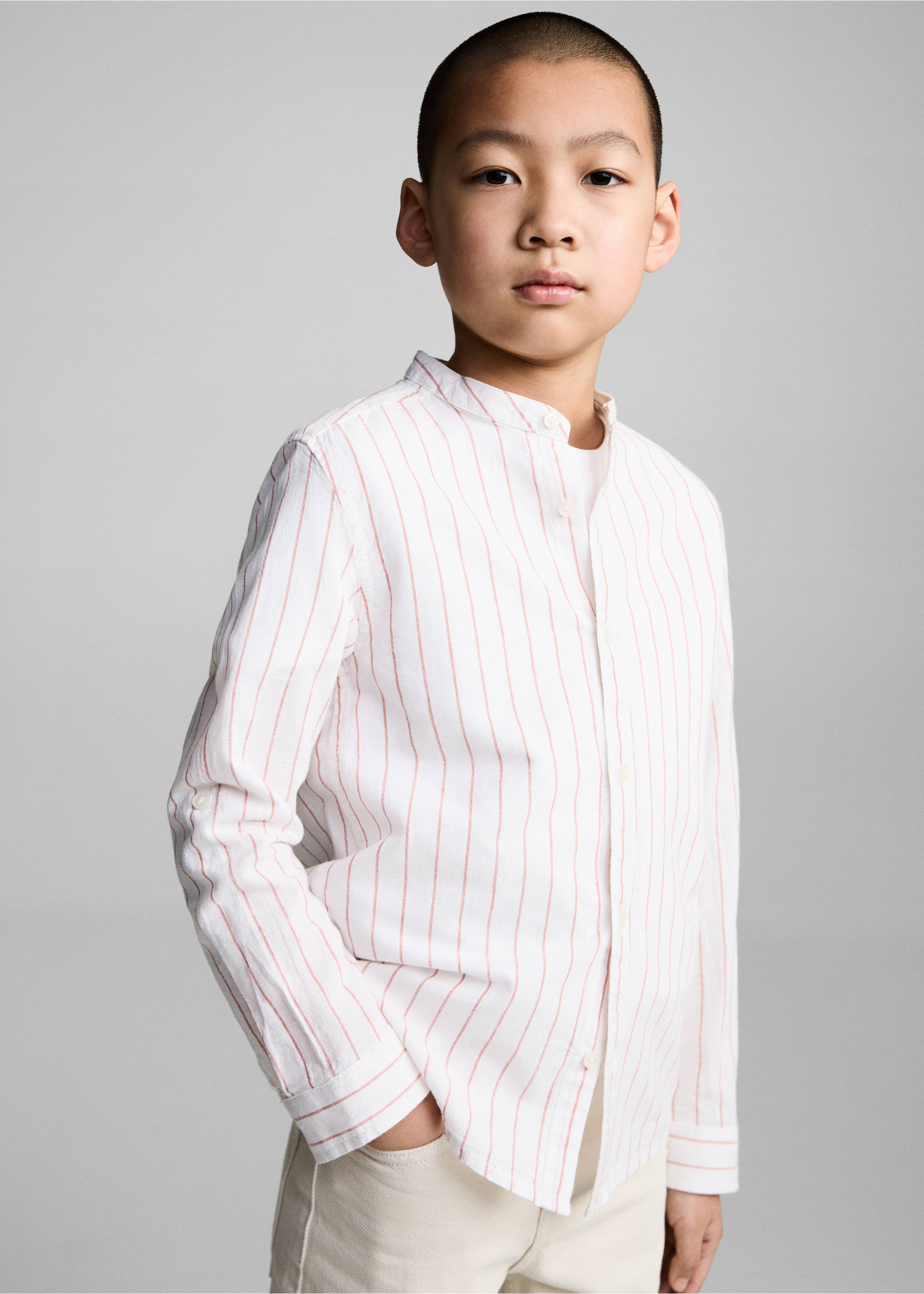 Streifenhemd mit Mao-Kragen - Mittlere Ansicht, Dunkelorange. Ref: 87095981-00.