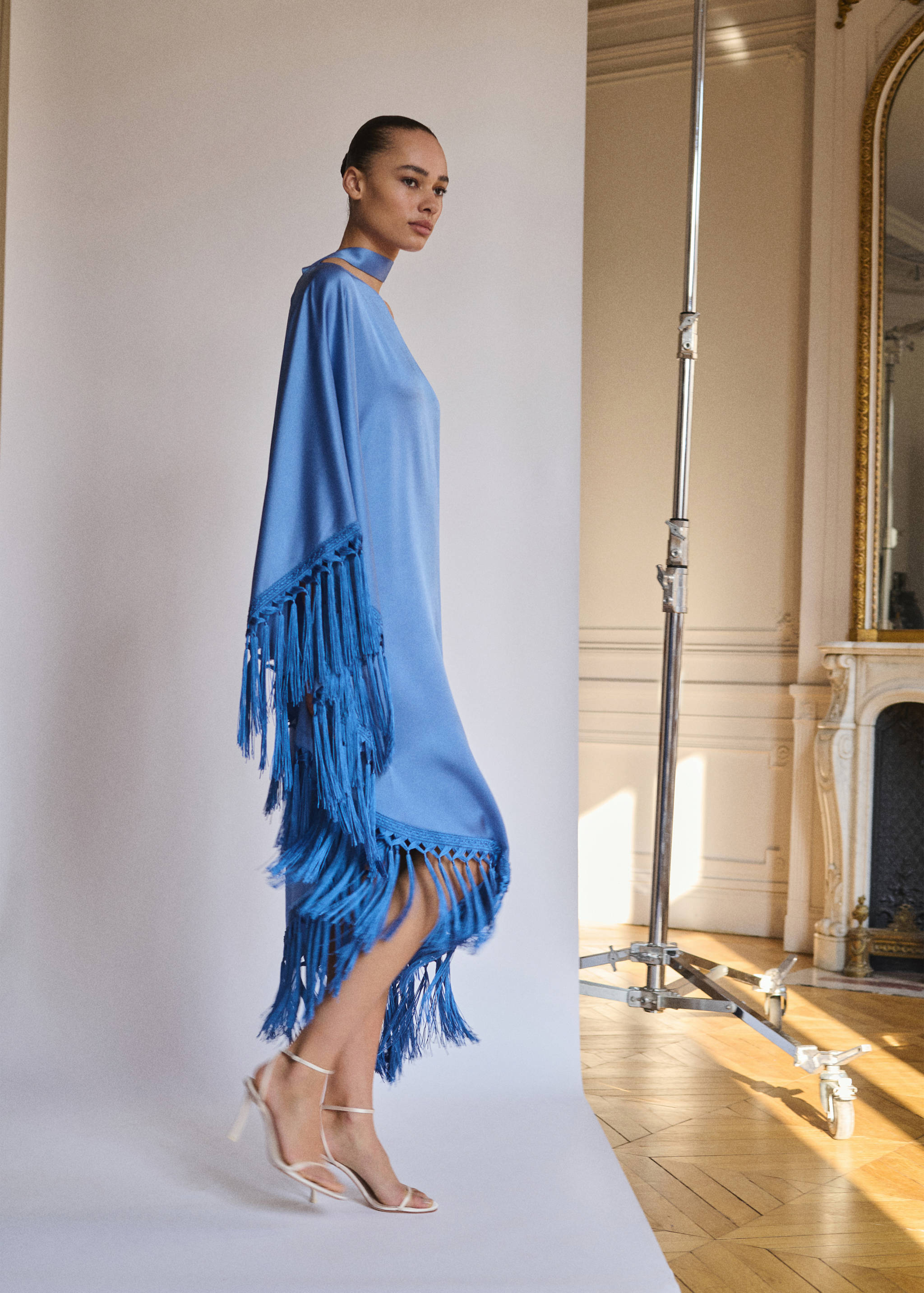 Asymmetrical satin dress with fringes - Women