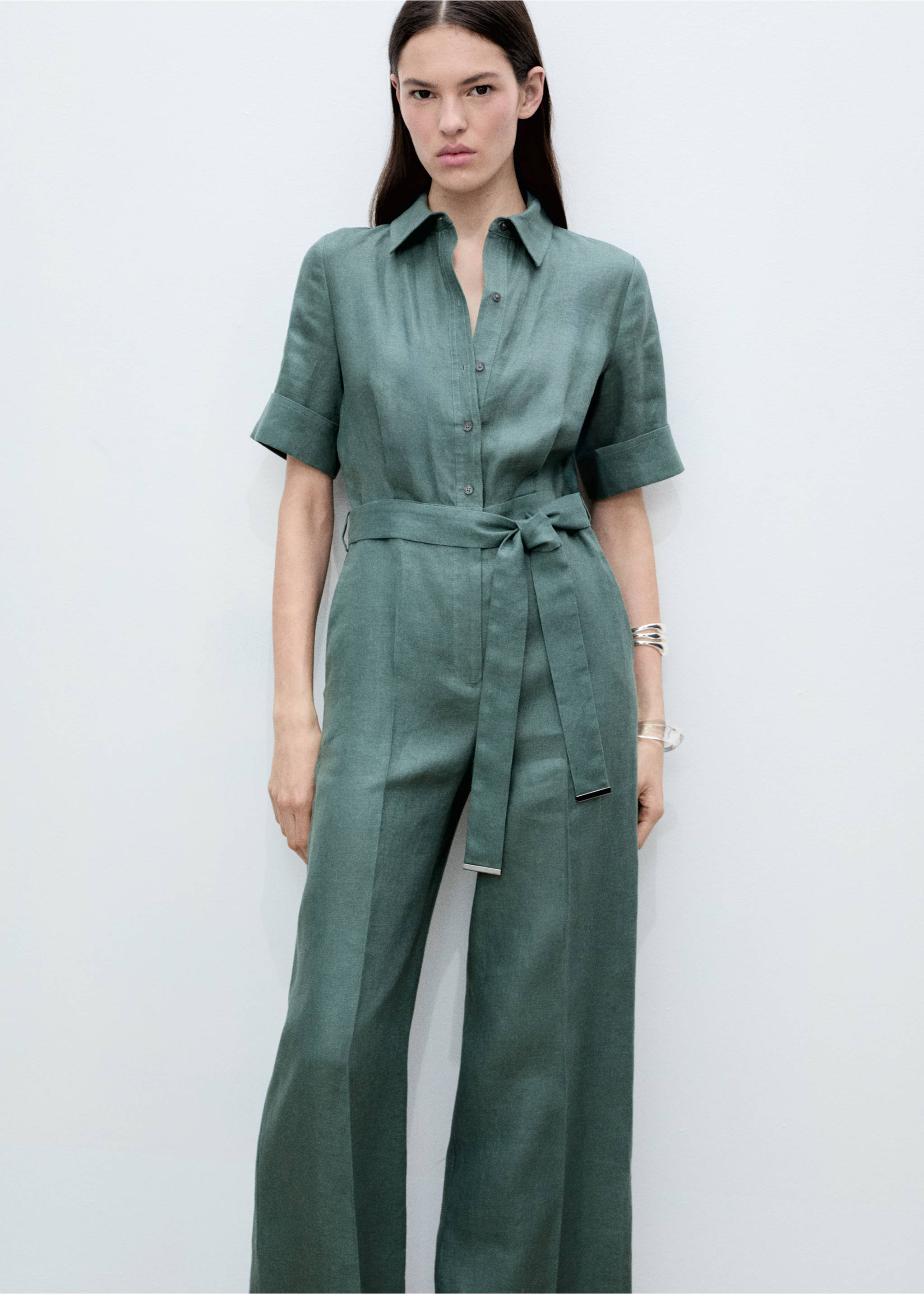 Linen shirt jumpsuit - Medium plane, Forest Green. Ref: 87096349-00.