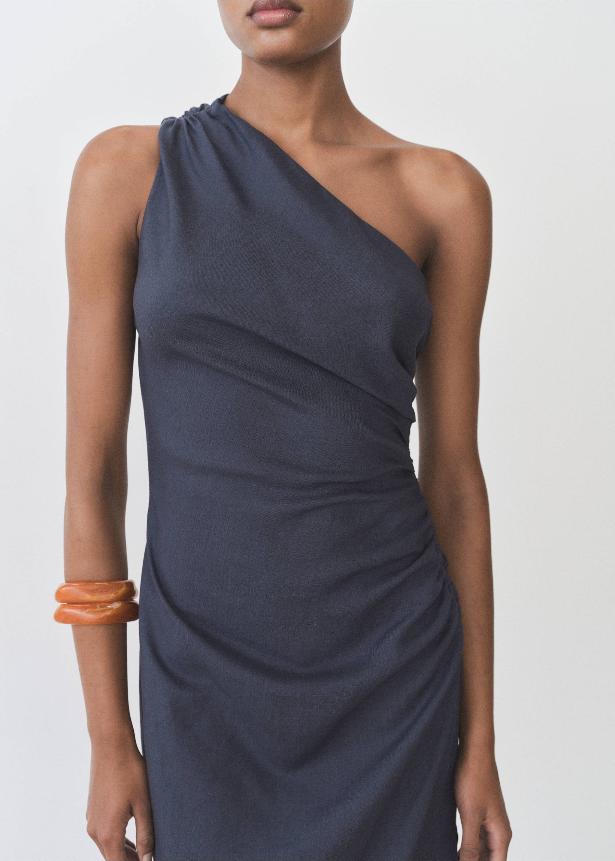 Asymmetrical dress with gathered details - Details of the article 3, Indigo Blue. Ref: 87096715-00.