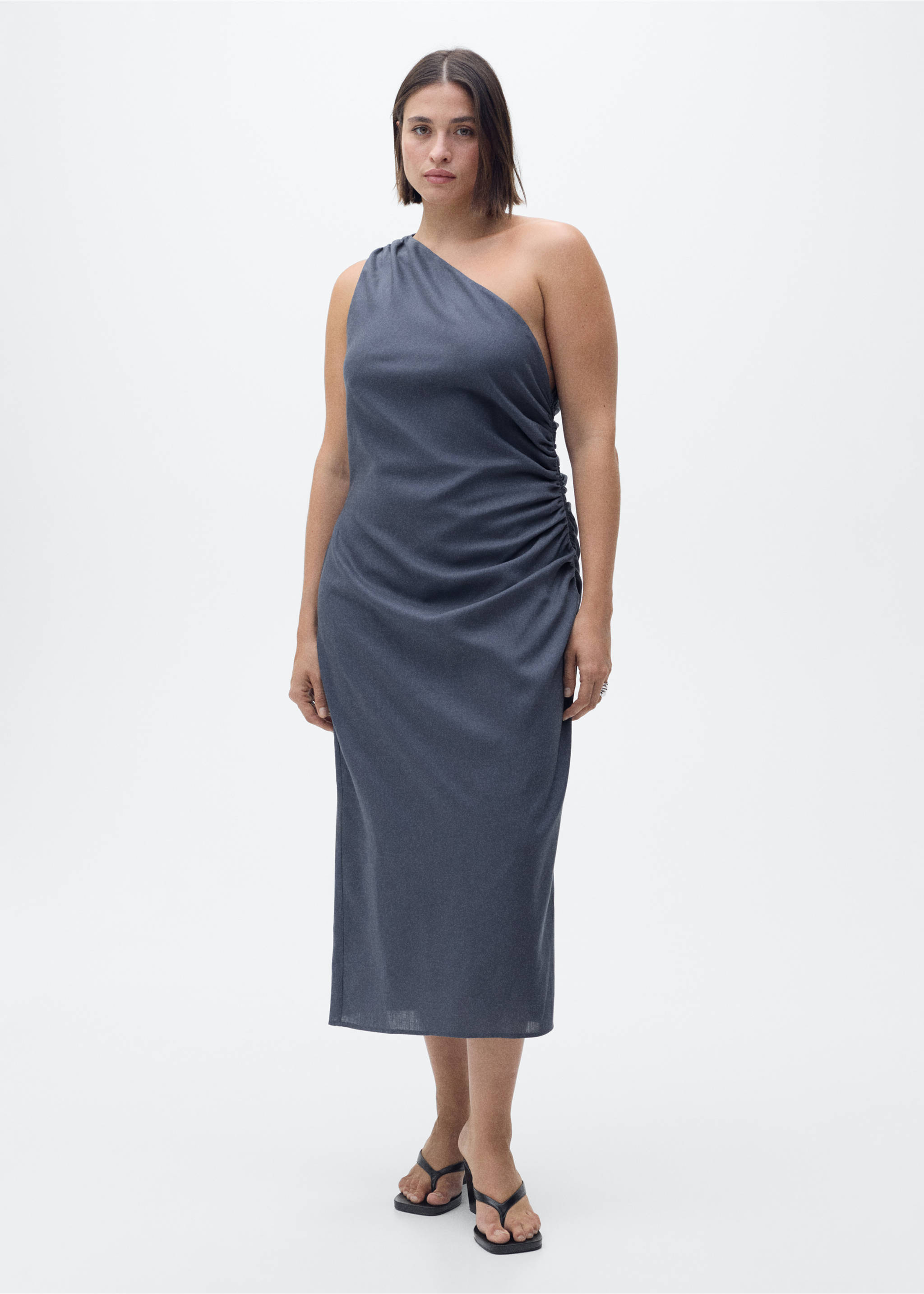 Asymmetrisches Kleid mit gerafften Details - Detail des Artikels 3, Indigoblau. Ref: 87096715-00.