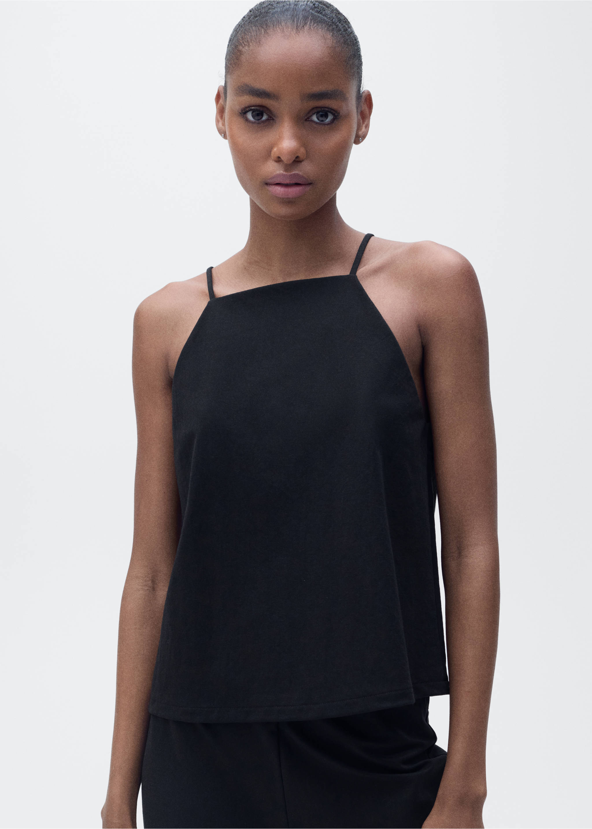 Cotton halter-neck top - Medium plane, Black. Ref: 87097177-00.