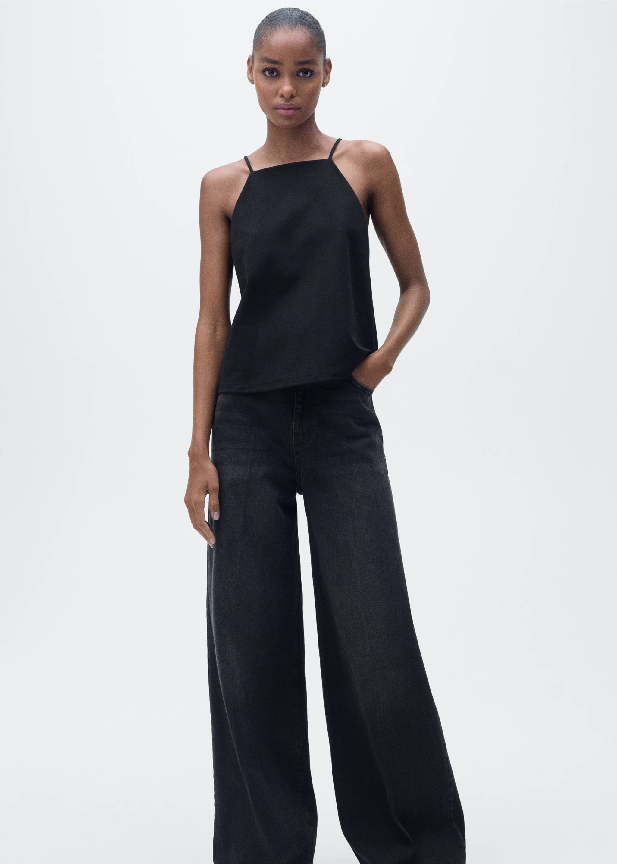 Cotton halter-neck top - Details of the article 2, Black. Ref: 87097177-00.