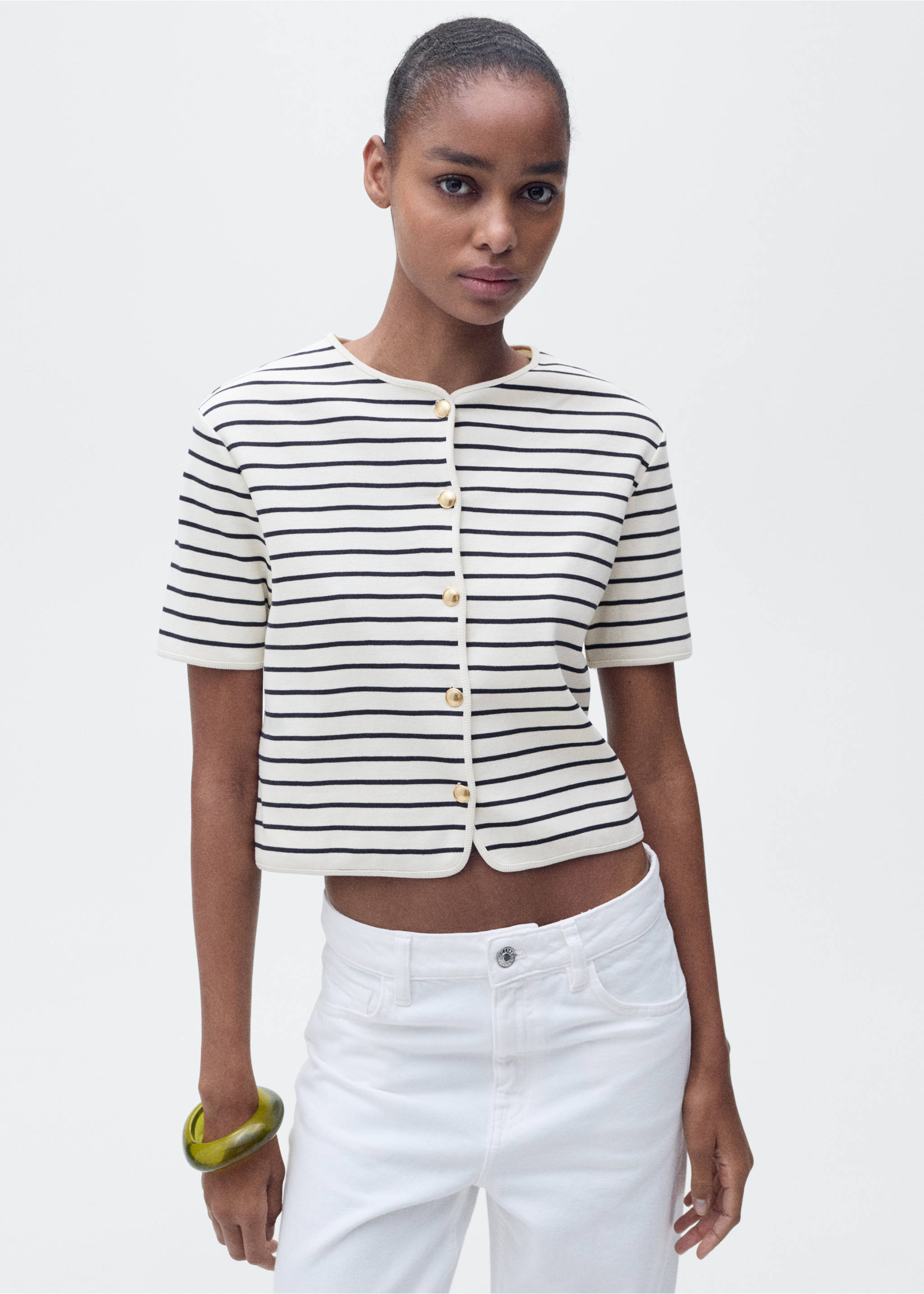 Short sleeve striped cardigan - Details of the article 1, Dark Navy. Ref: 87097182-00.