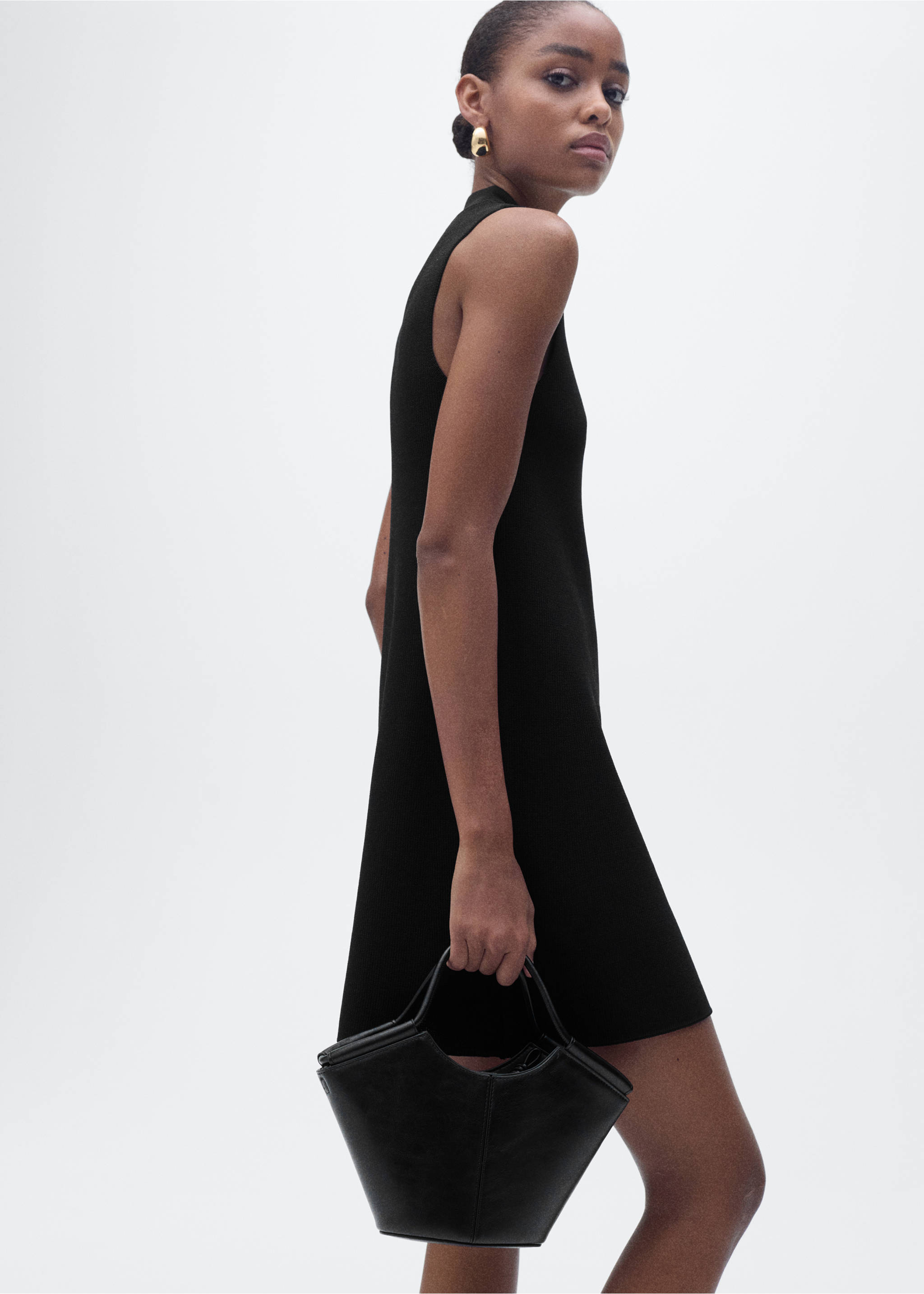 Perkins-neck knitted dress - Medium plane, Black. Ref: 87097184-00.