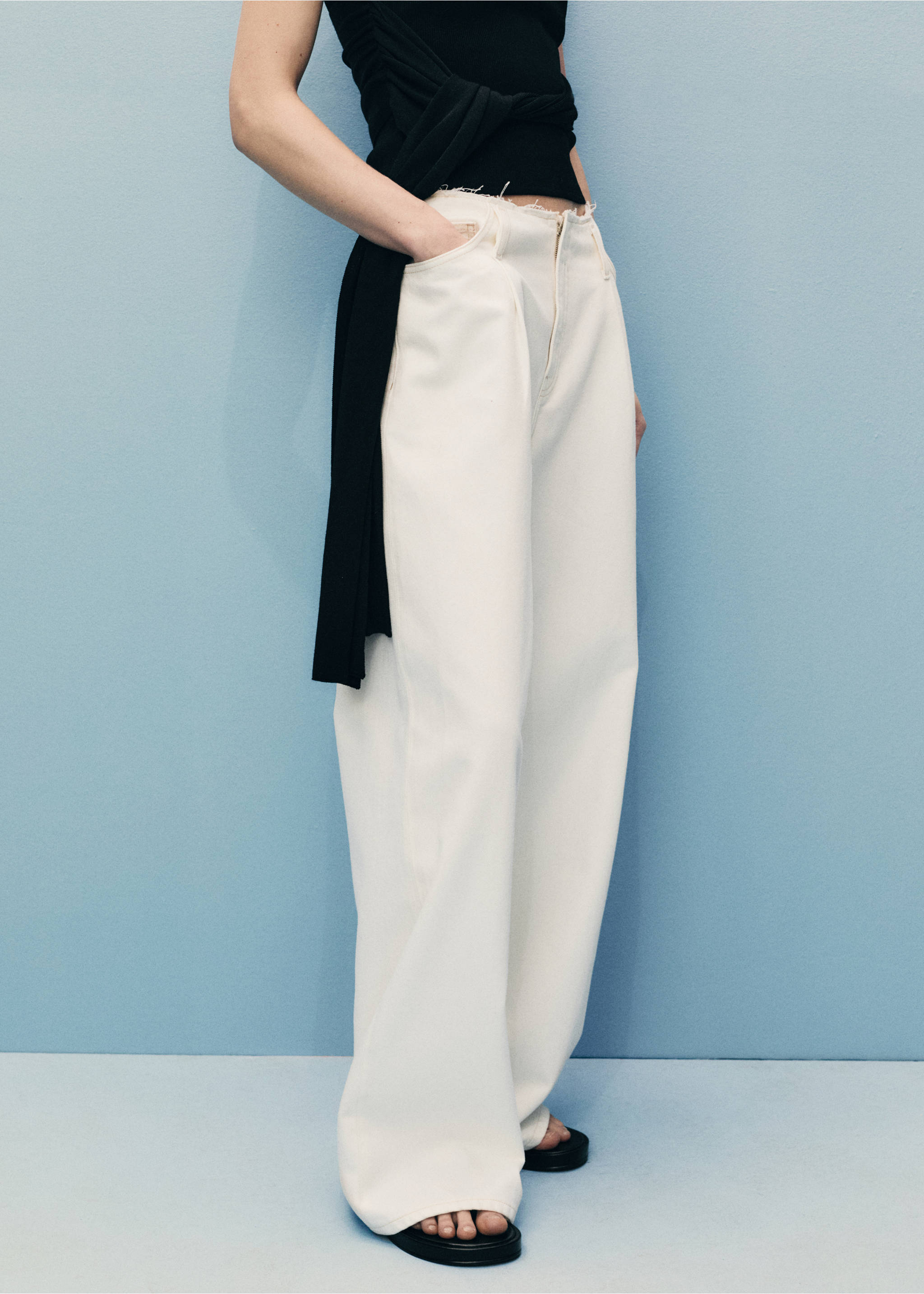 Wide leg denim trousers with frayed waist - Medium plane, Off White. Ref: 87097189-00.