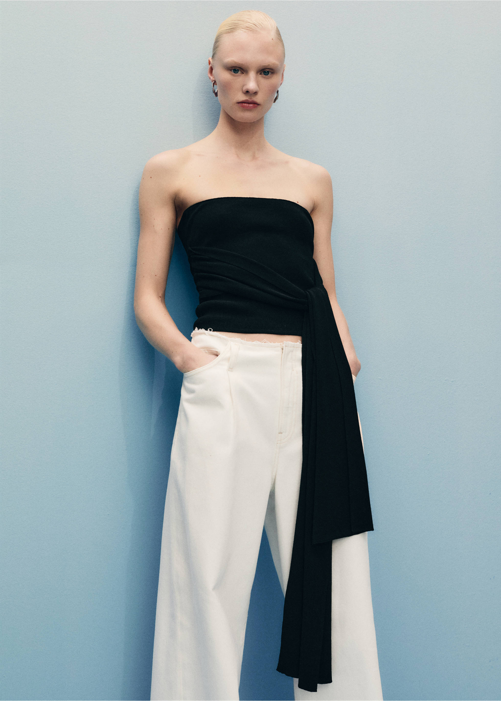 Wide leg denim trousers with frayed waist - Details of the article 1, Off White. Ref: 87097189-00.