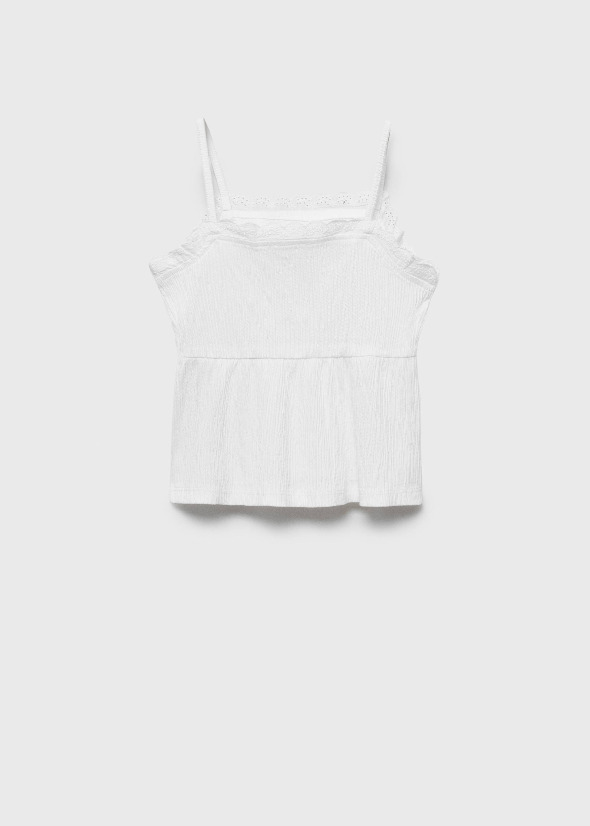 White kids' camisole top with thin straps and textured peplum hem, shown from the back.