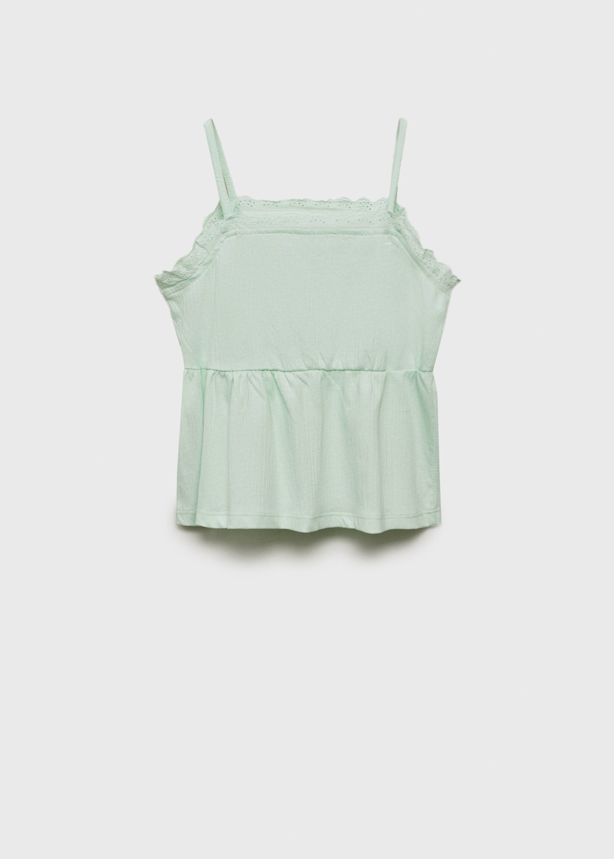Light green kids top with thin straps and lace trim, back view