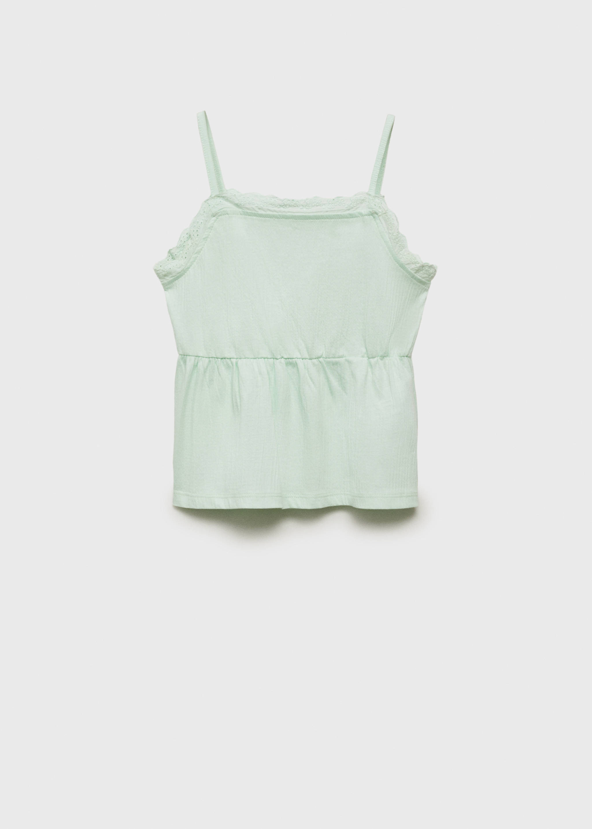Light green ribbed strap top with lace trim and a peplum waist.