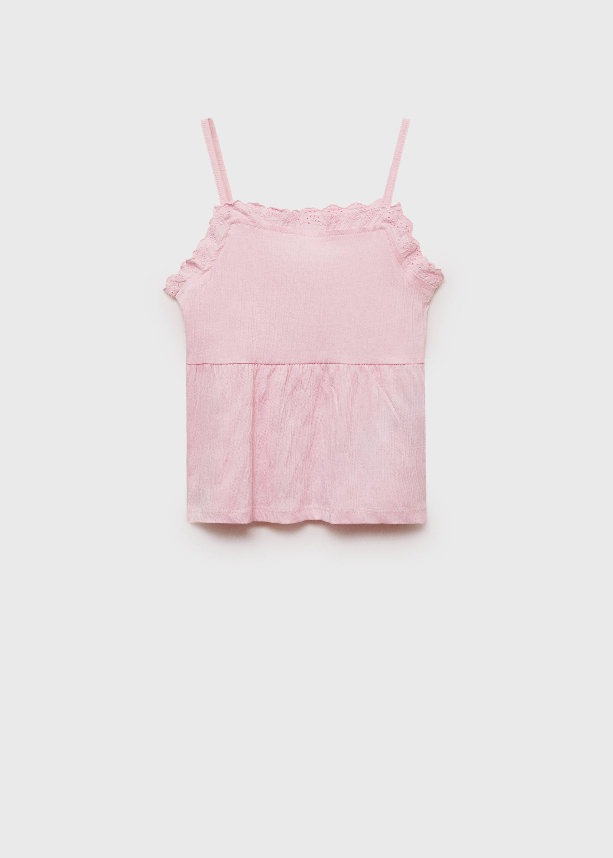 Pink girls' top with thin straps and scalloped eyelet trim.
