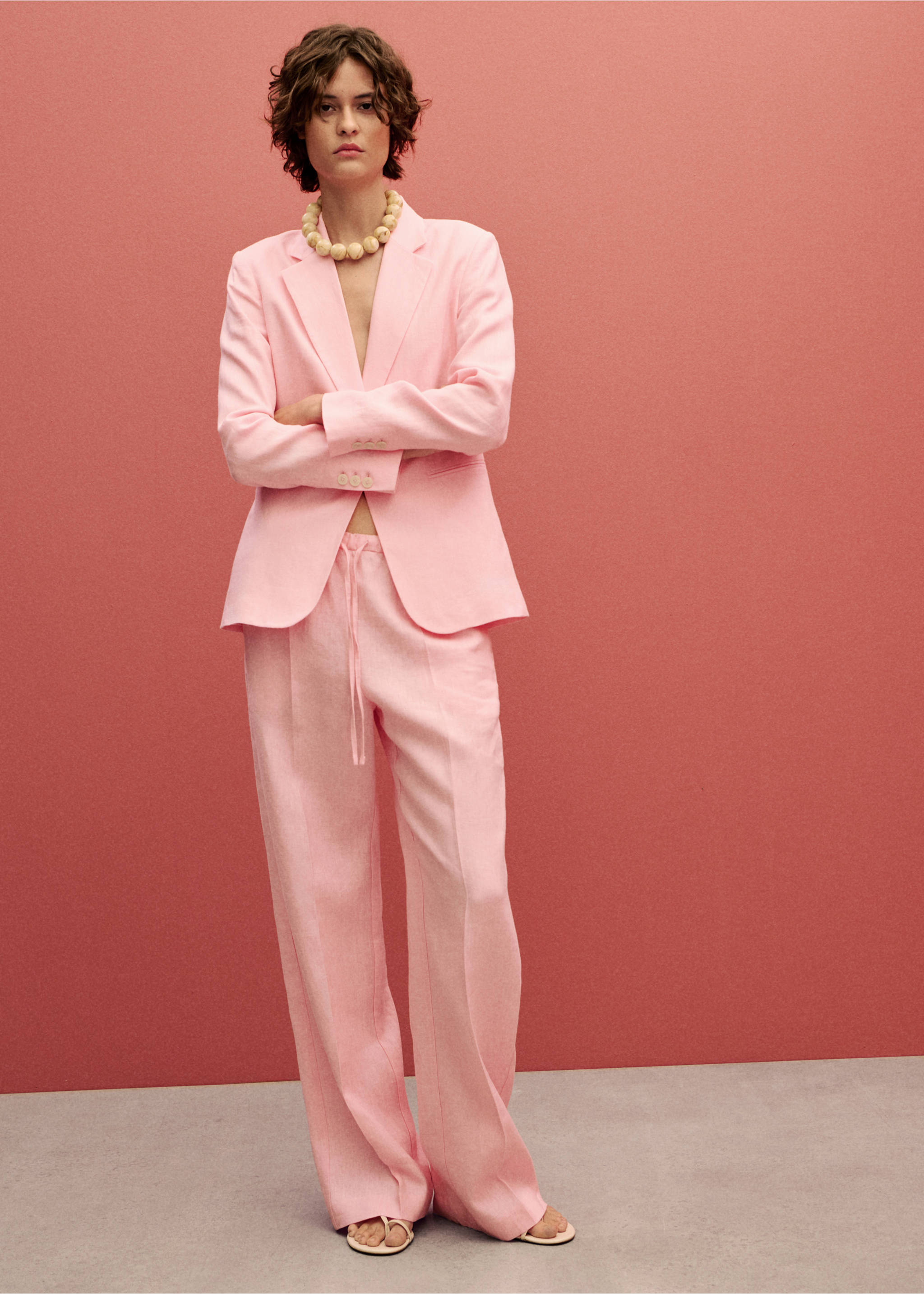 Calças retas de linho com laço - Plano geral, Rosa-claro. Ref: 87097691-00.