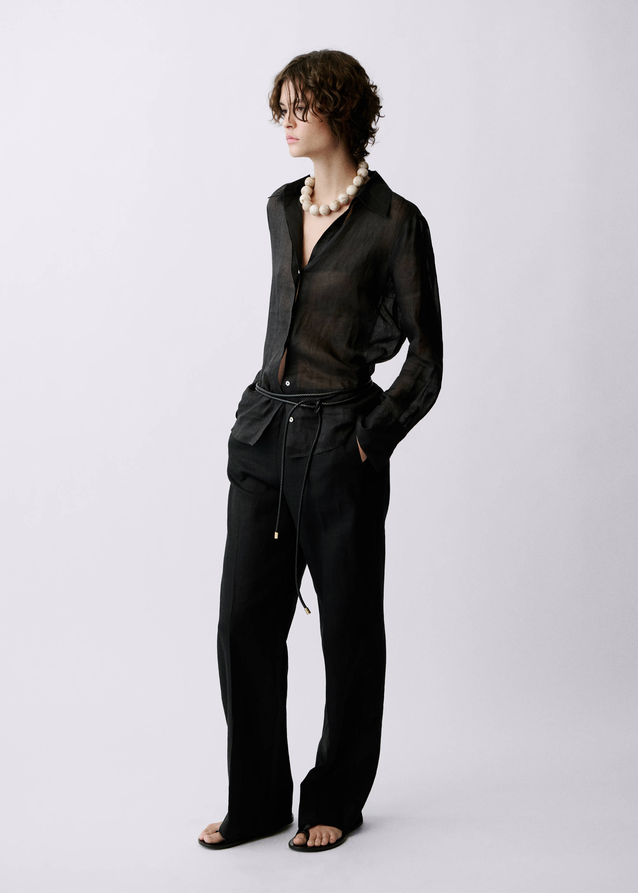 Straight-fit linen trousers with bow - General plane