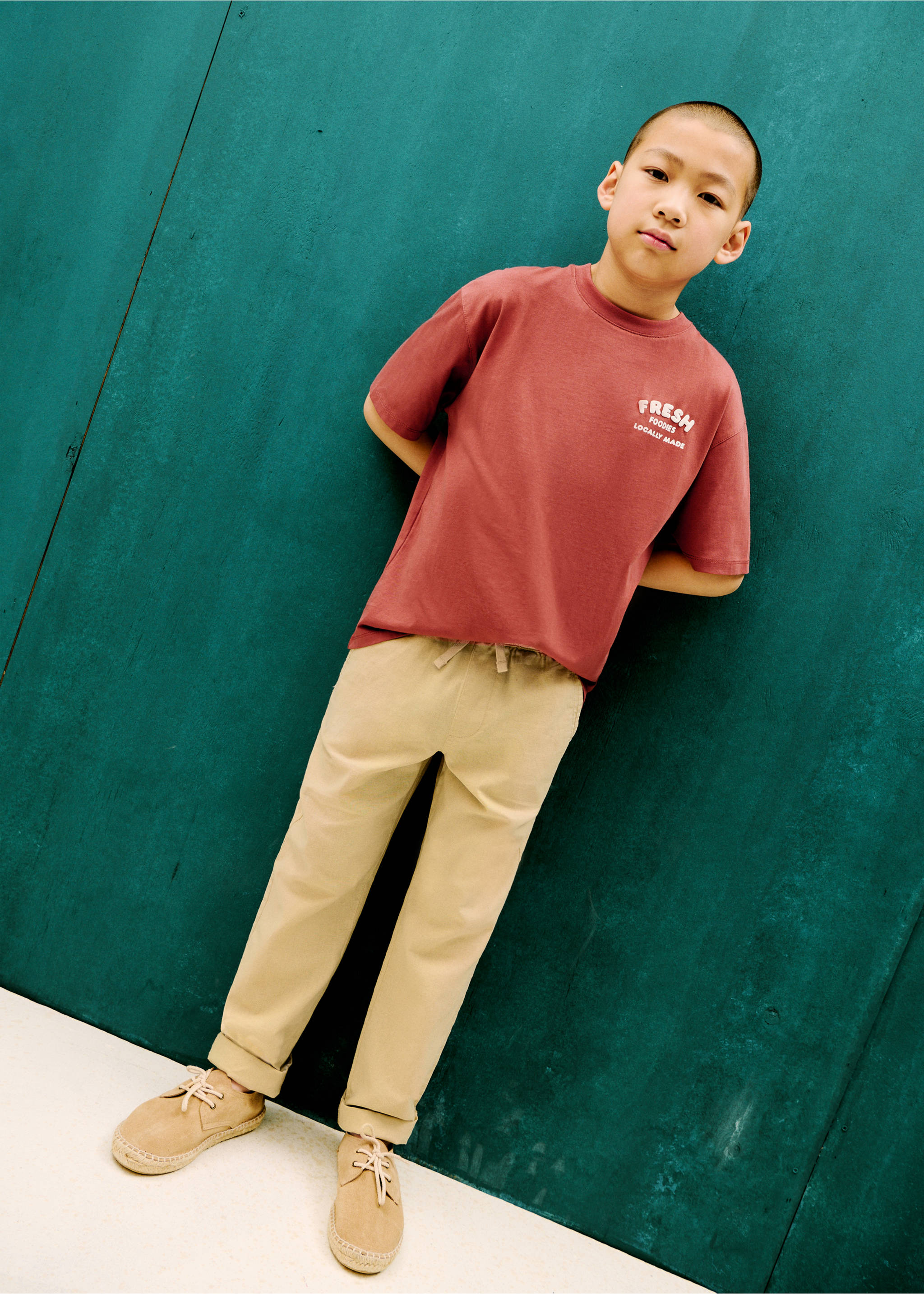 Linen-blend elastic waist trousers - General plane, Beige. Ref: 87097694-00.