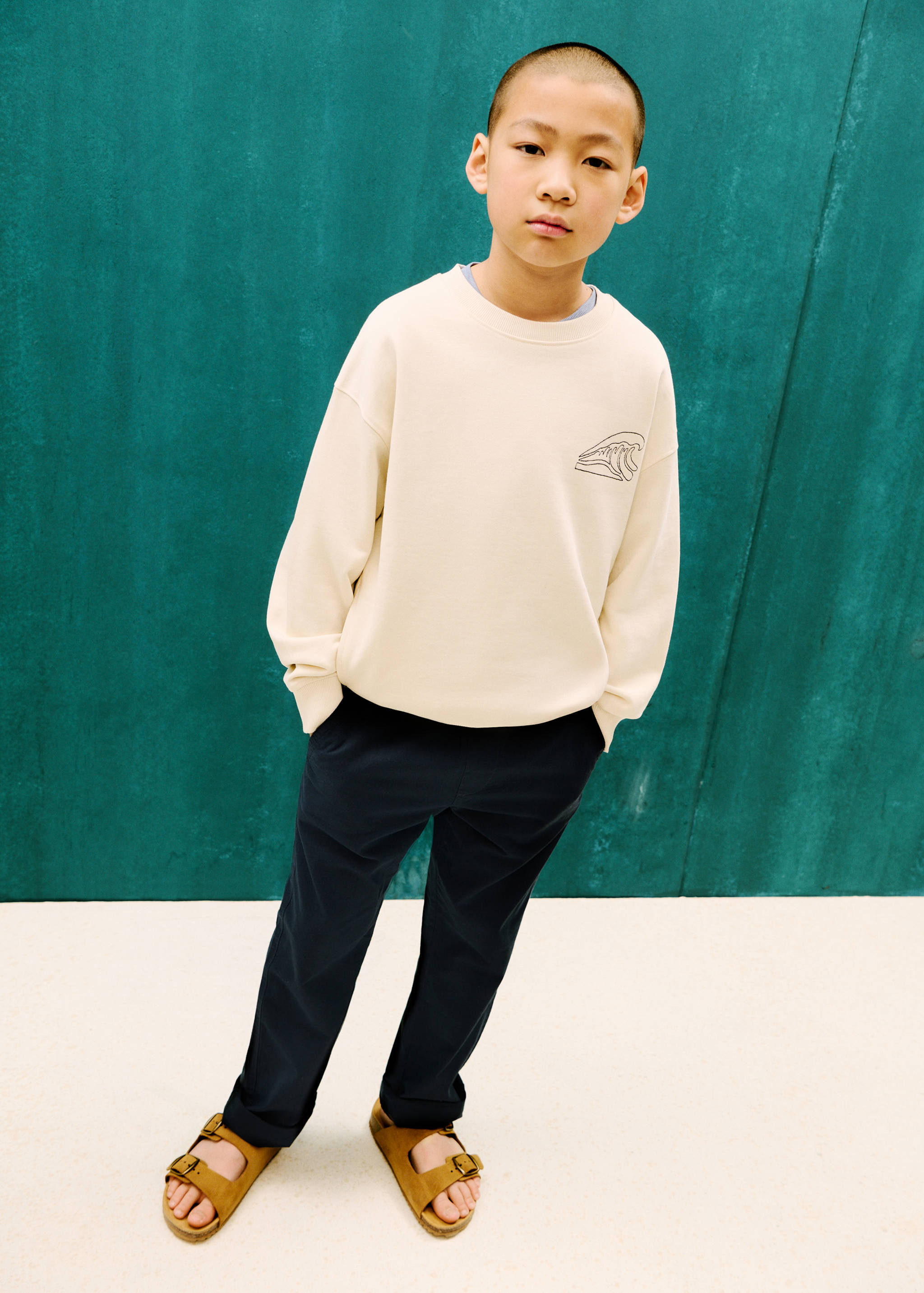 Linen-blend elastic waist trousers - General plane