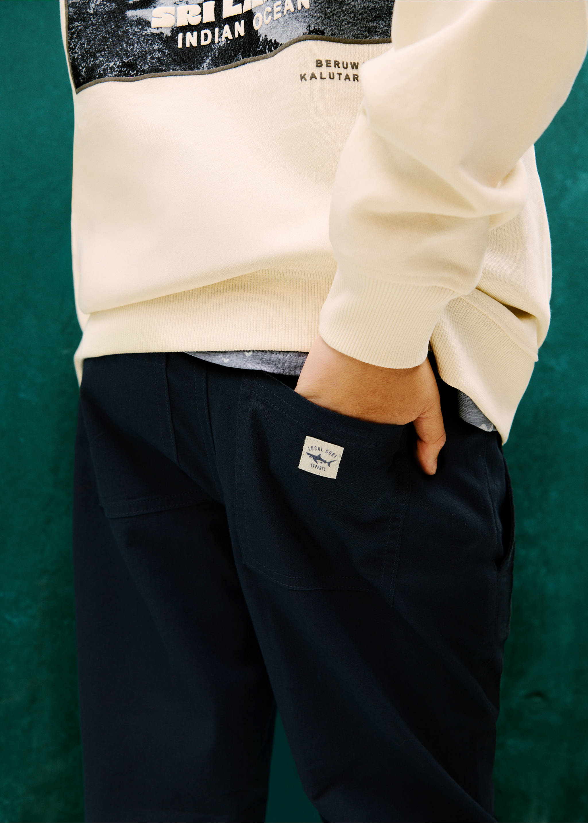 Linen-blend elastic waist trousers - Details of the article 6, Navy. Ref: 87097694-00.