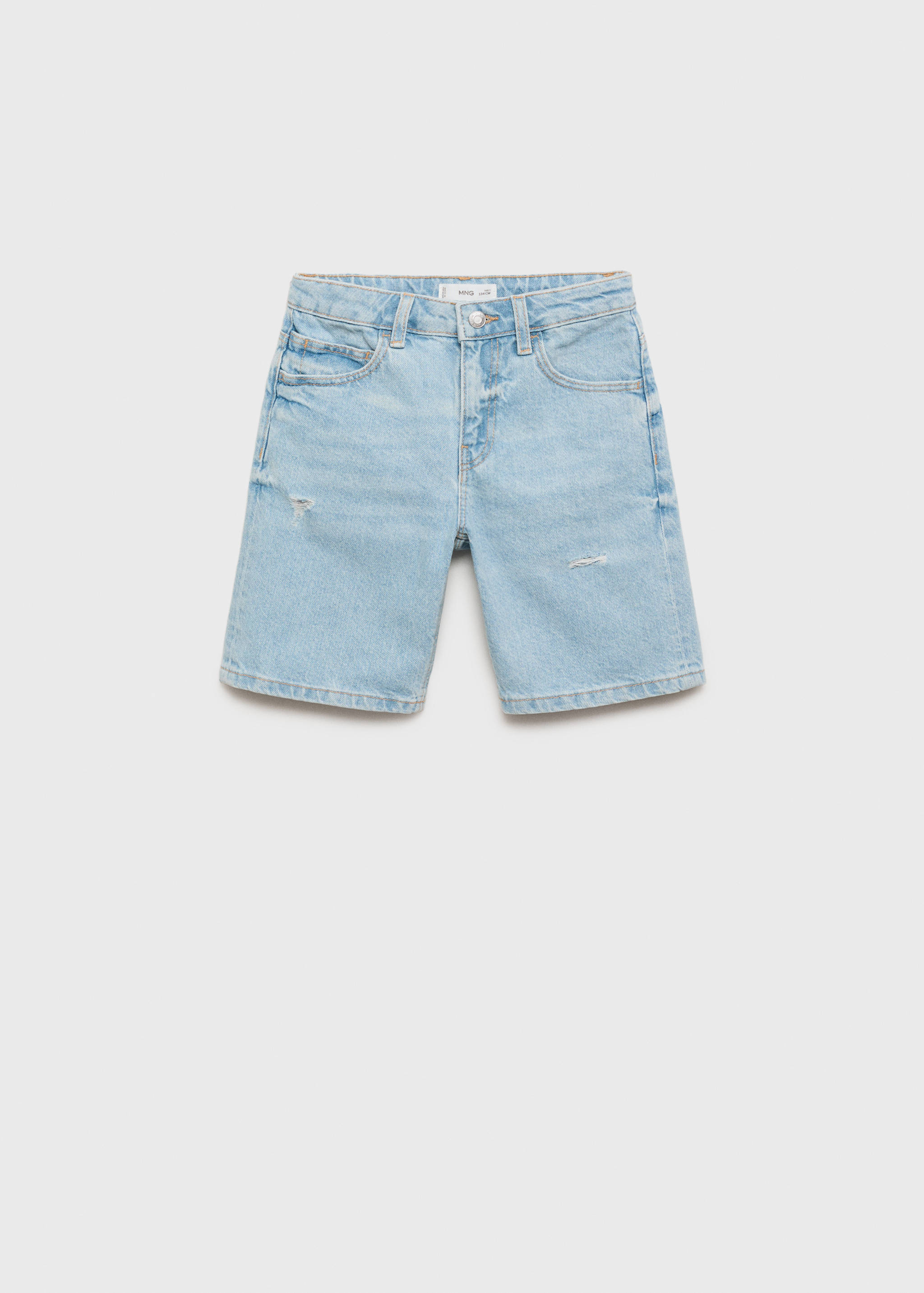 Light blue denim bermuda shorts with distressed details.