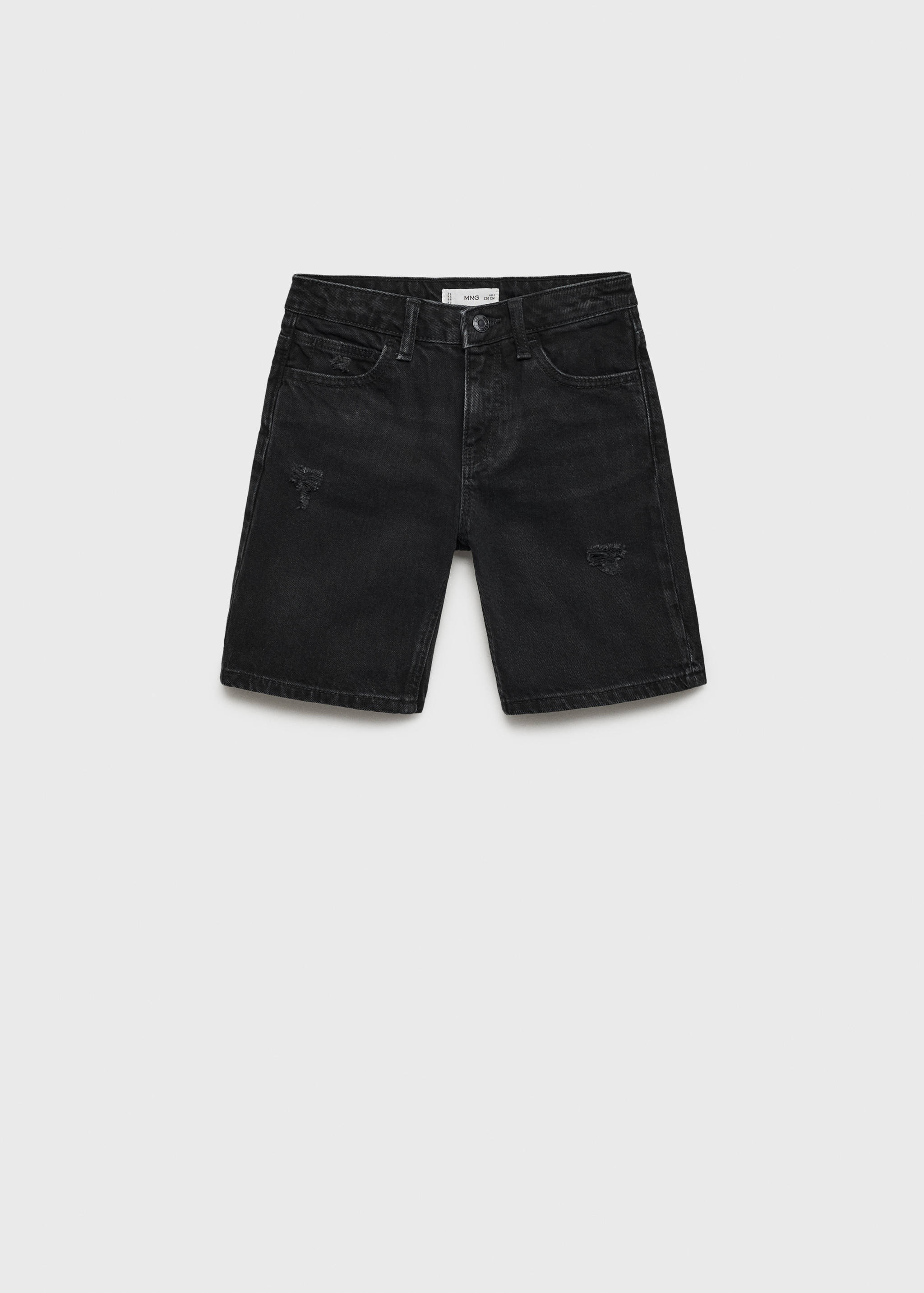 Dark grey denim bermuda shorts with distressed details.