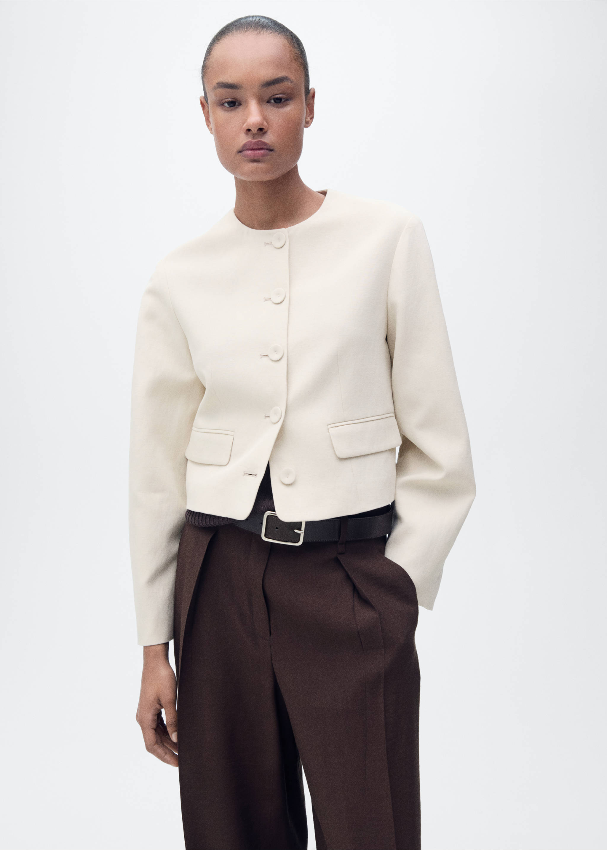 Linen-blend jacket with buttons - Medium plane, Light/Pastel Grey. Ref: 87097704-00.