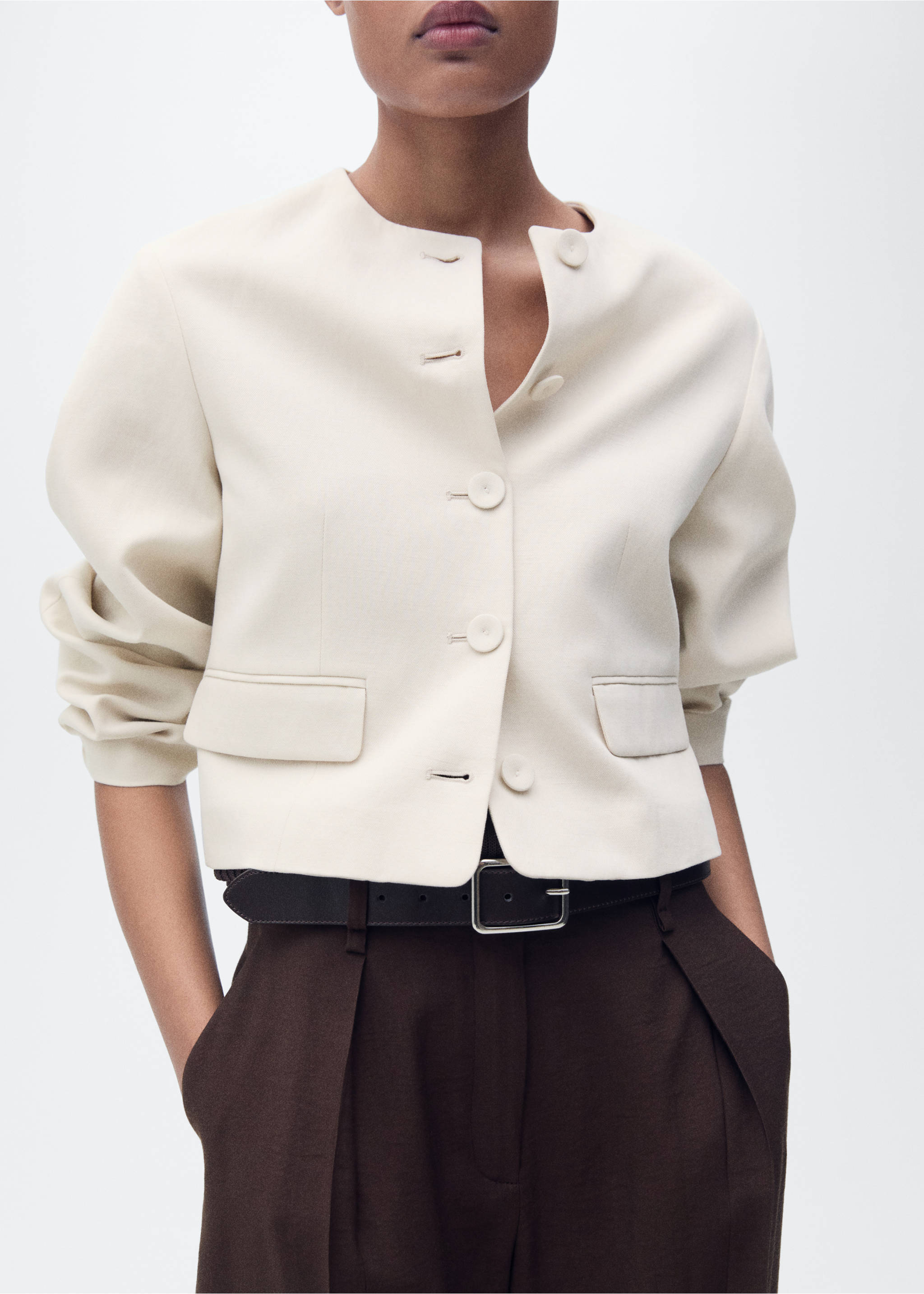 Linen-blend jacket with buttons - Details of the article 6, Light/Pastel Grey. Ref: 87097704-00.