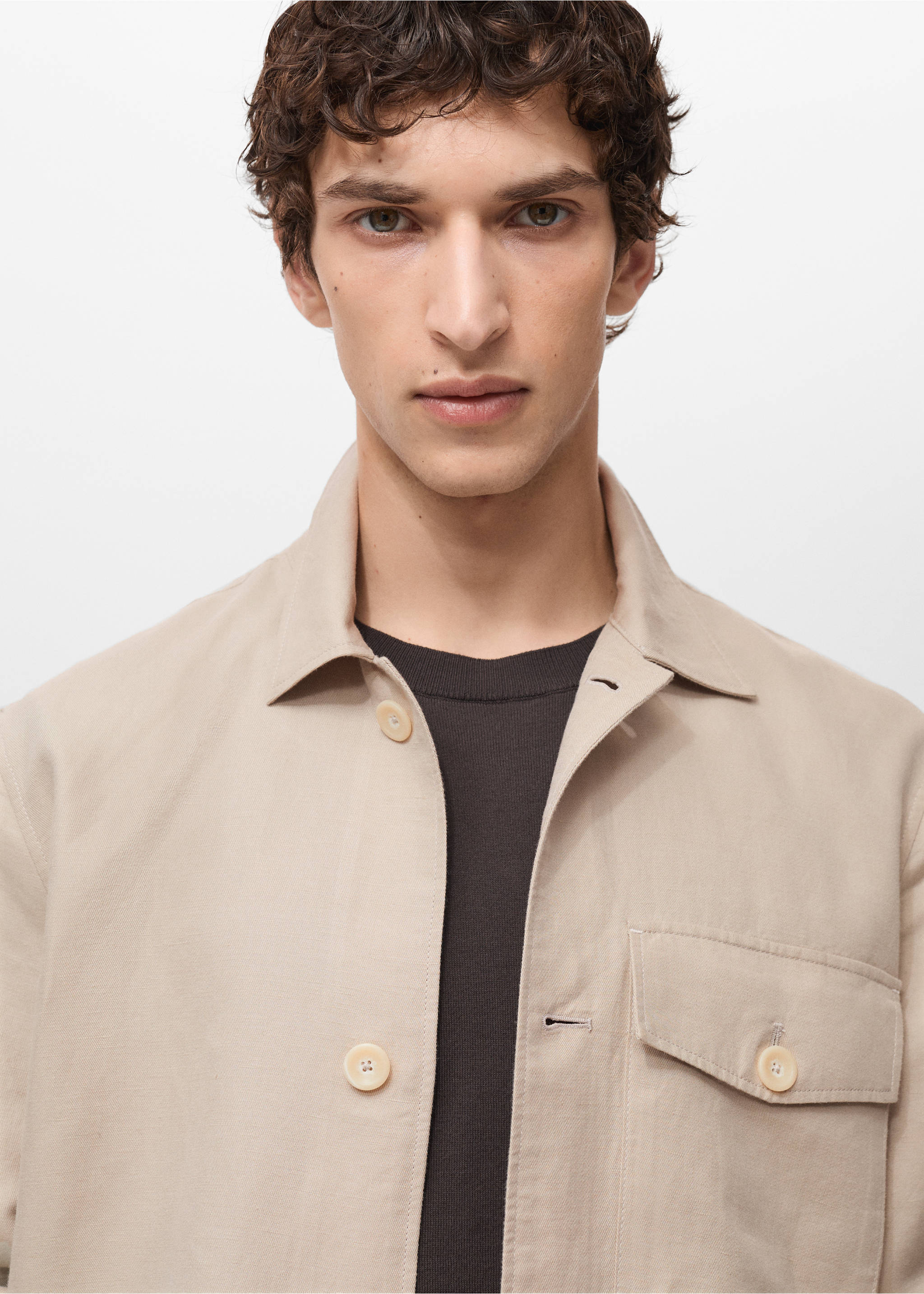 Straight-fit linen overshirt - Details of the article 1, Sand. Ref: 87097886-00.