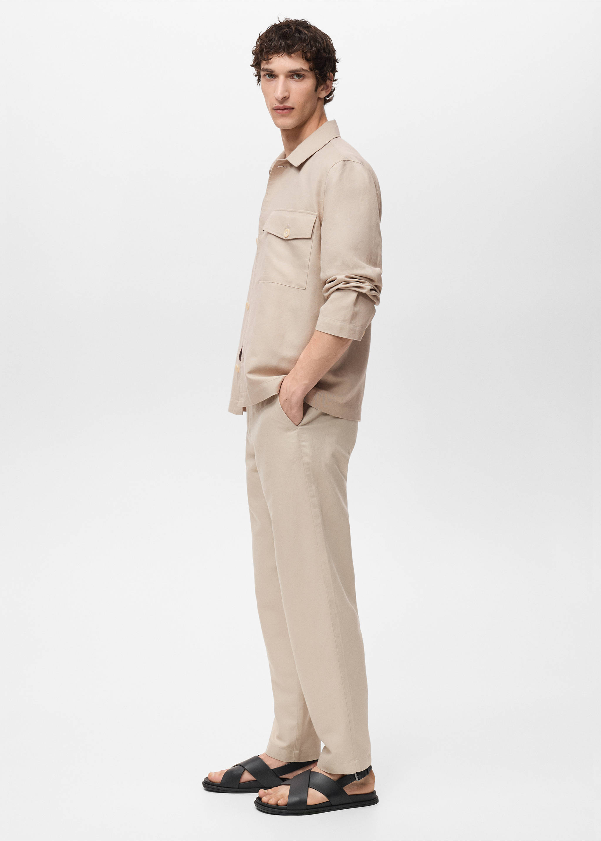 Straight-fit linen overshirt - Details of the article 2, Sand. Ref: 87097886-00.