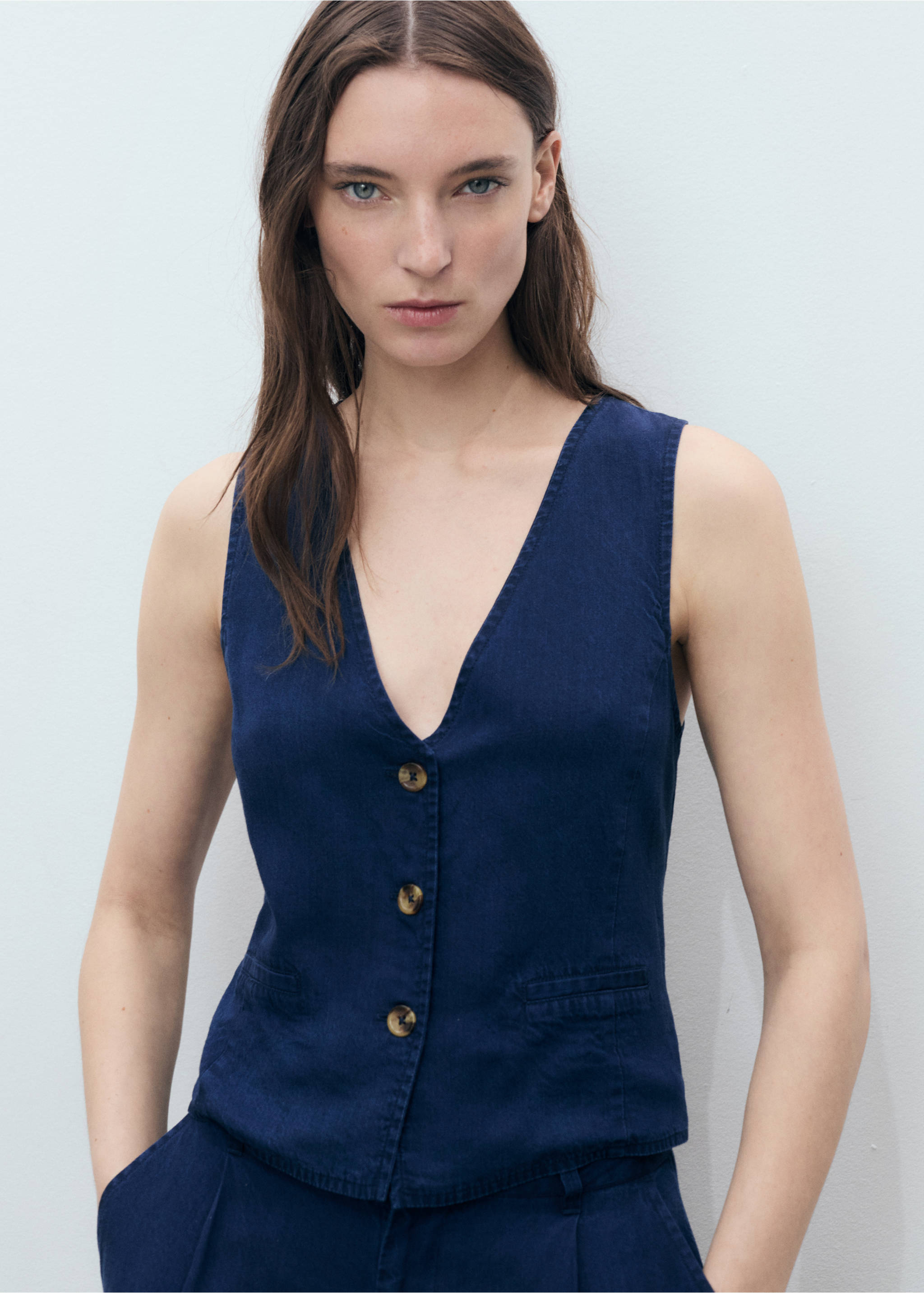 Denim-effect lyocell waistcoat - Medium plane, Dark Blue. Ref: 87098641-00.