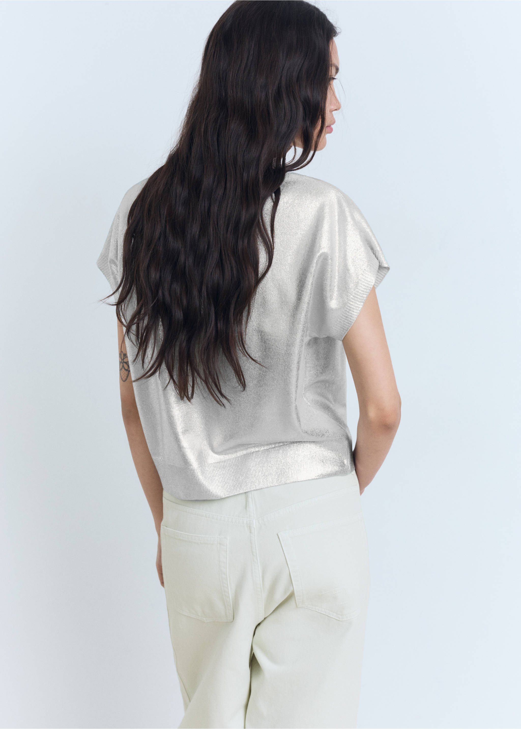 Short-sleeved foil knitted sweater - Reverse of the article, Mint Green. Ref: 87098648-00.