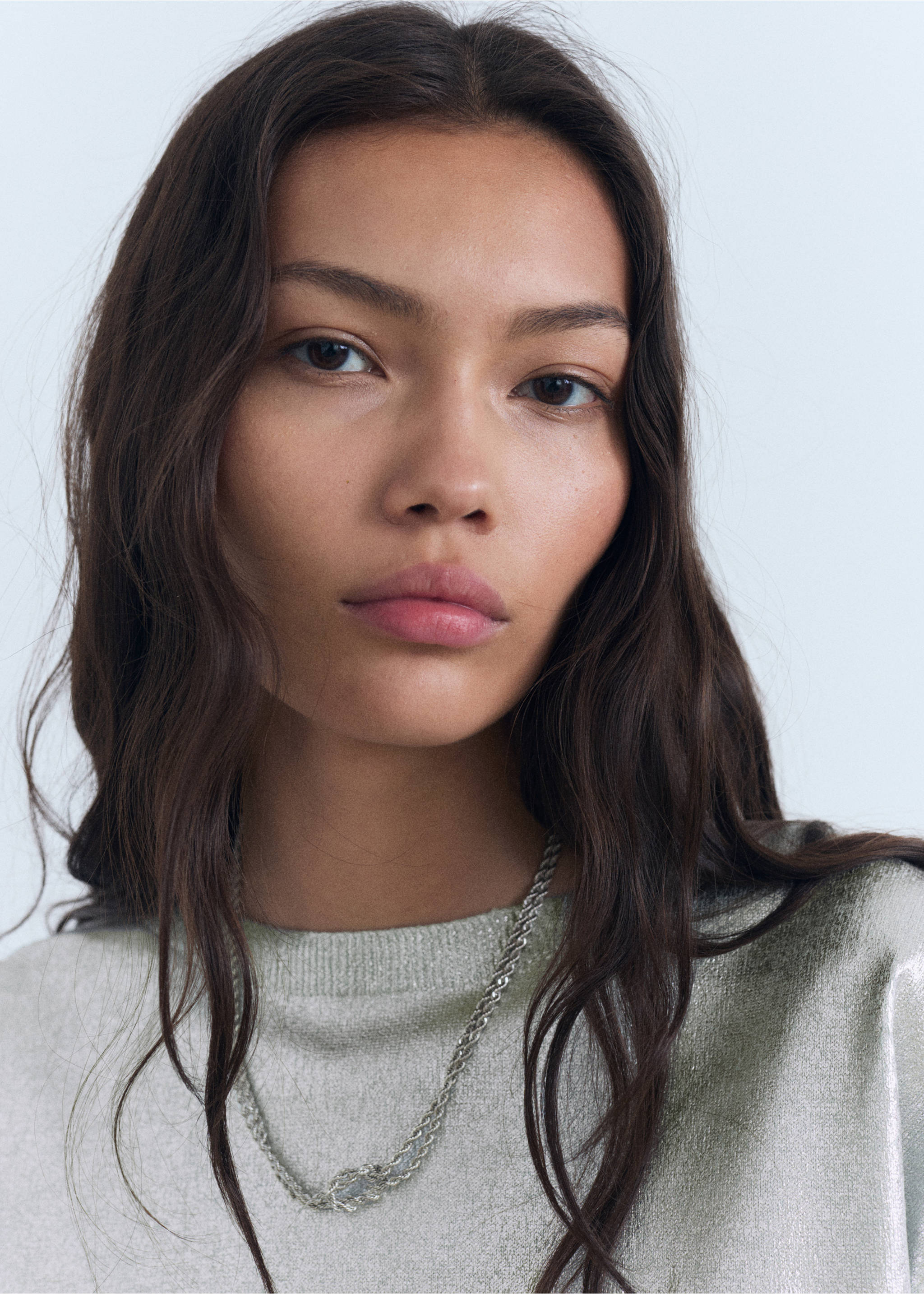 Short-sleeved foil knitted sweater - Details of the article 1, Mint Green. Ref: 87098648-00.