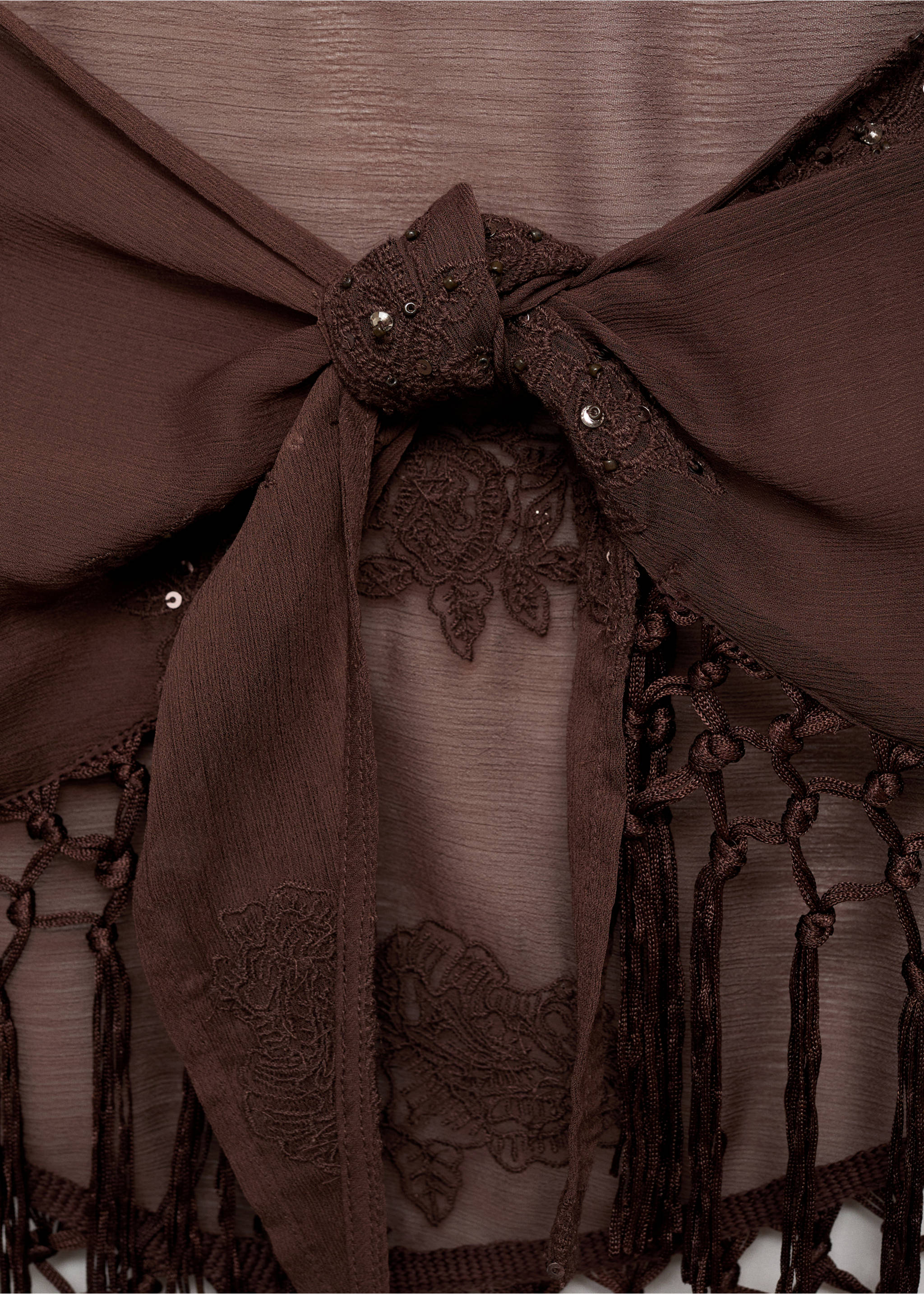 Embroidered mini-skirt with fringe - Details of the article 8, Brown. Ref: 87099205-00.