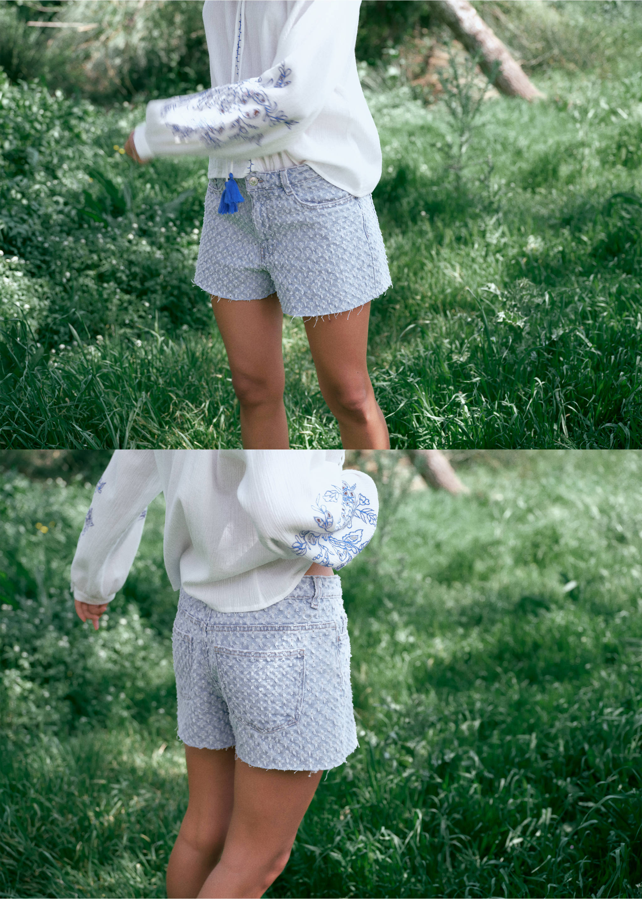Shorts vaqueros textura deshilachados - Detalle del artículo 5, Azul claro. Ref: 87099210-00.