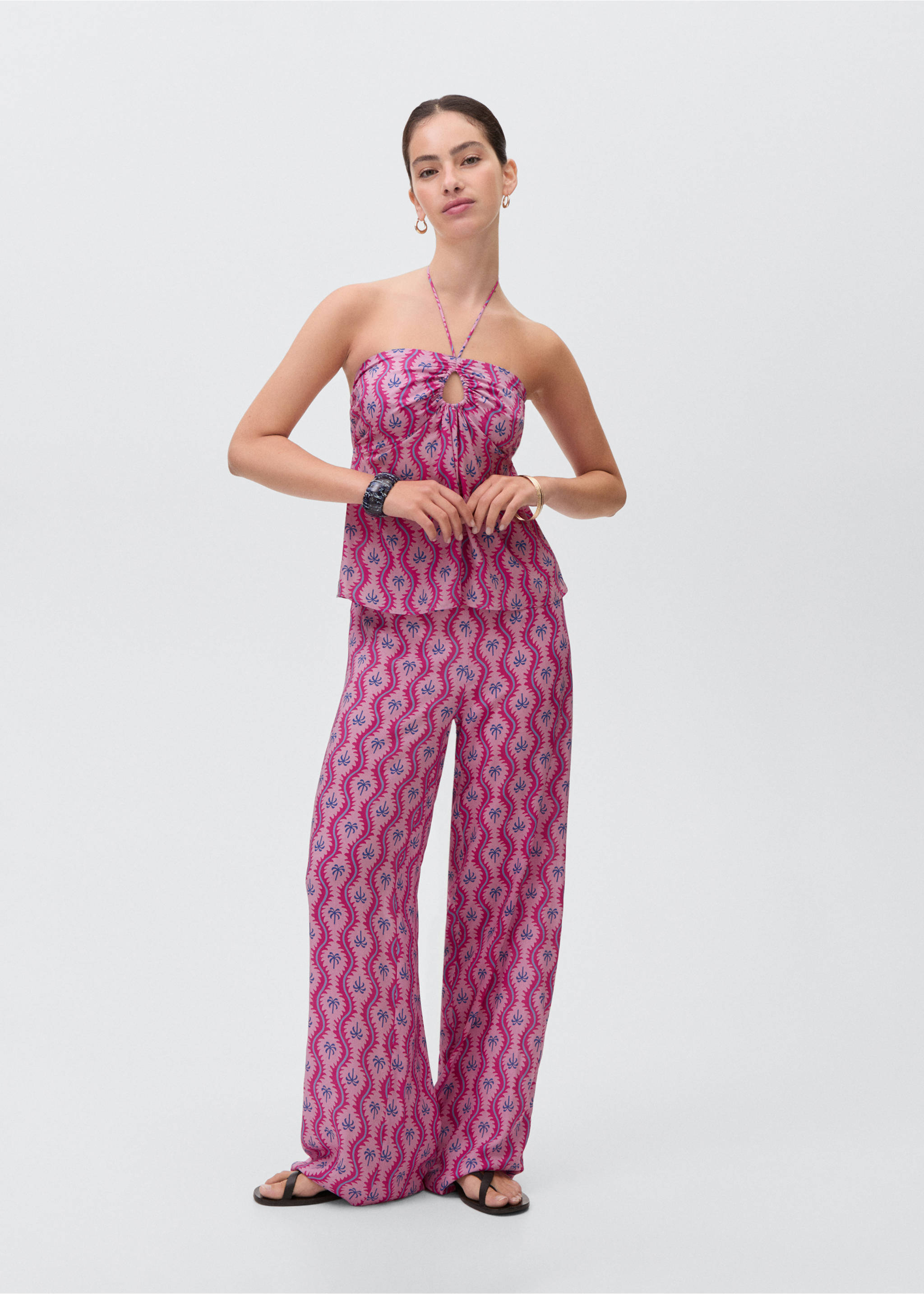 Pantalon imprimé palmier - Plan général, Rose. Ref: 87099216-00.