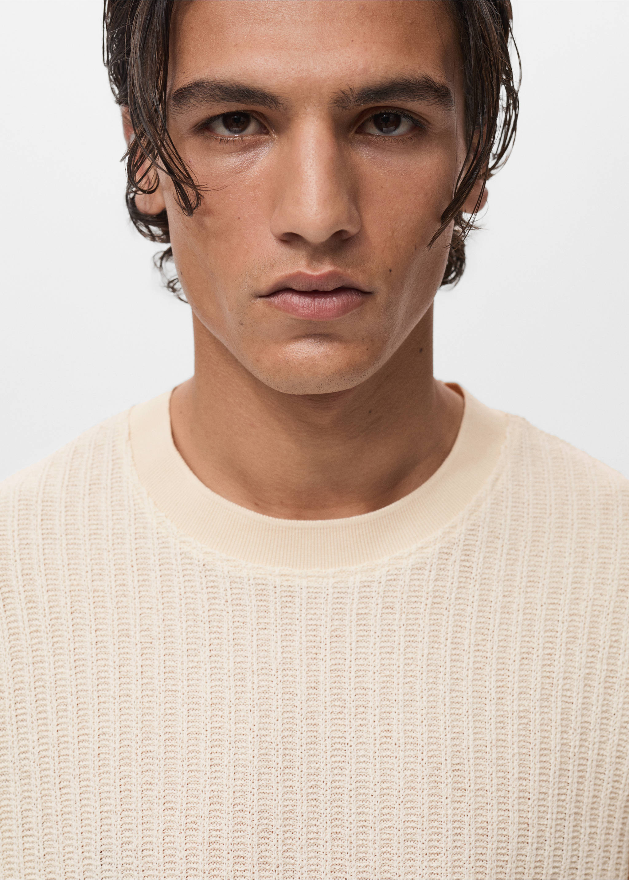 Ribbed  knit t-shirt - Details of the article 1, Ivory White. Ref: 87099217-00.